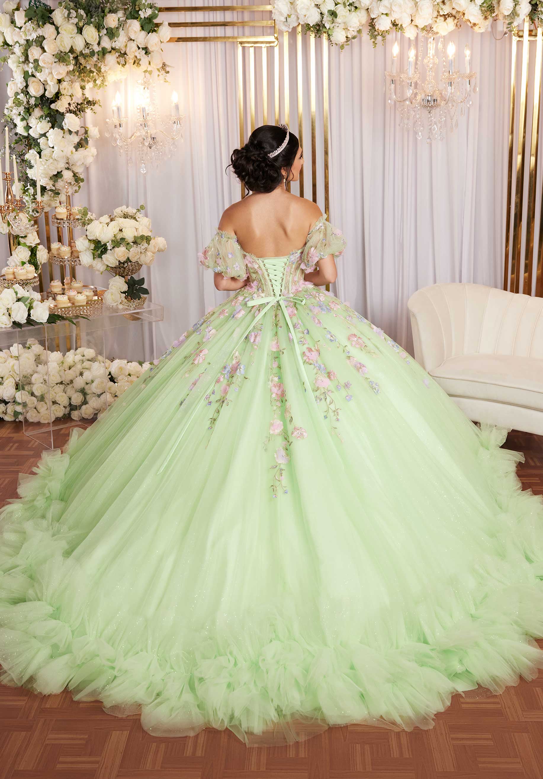 Multicolor Floral Sweetheart Quinceañera Dress with Ruffled Details - Image 10