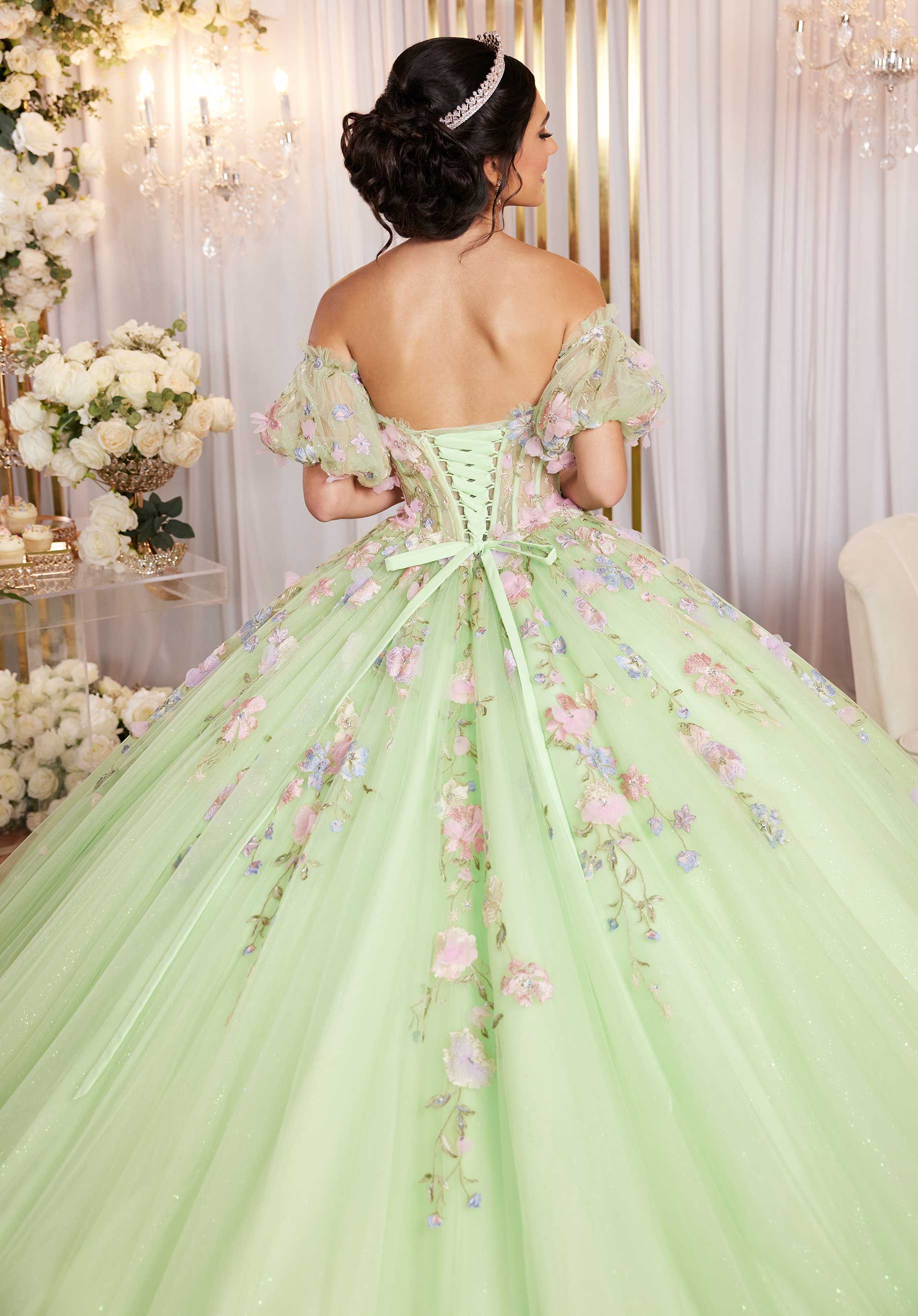 Multicolor Floral Sweetheart Quinceañera Dress with Ruffled Details - Image 11