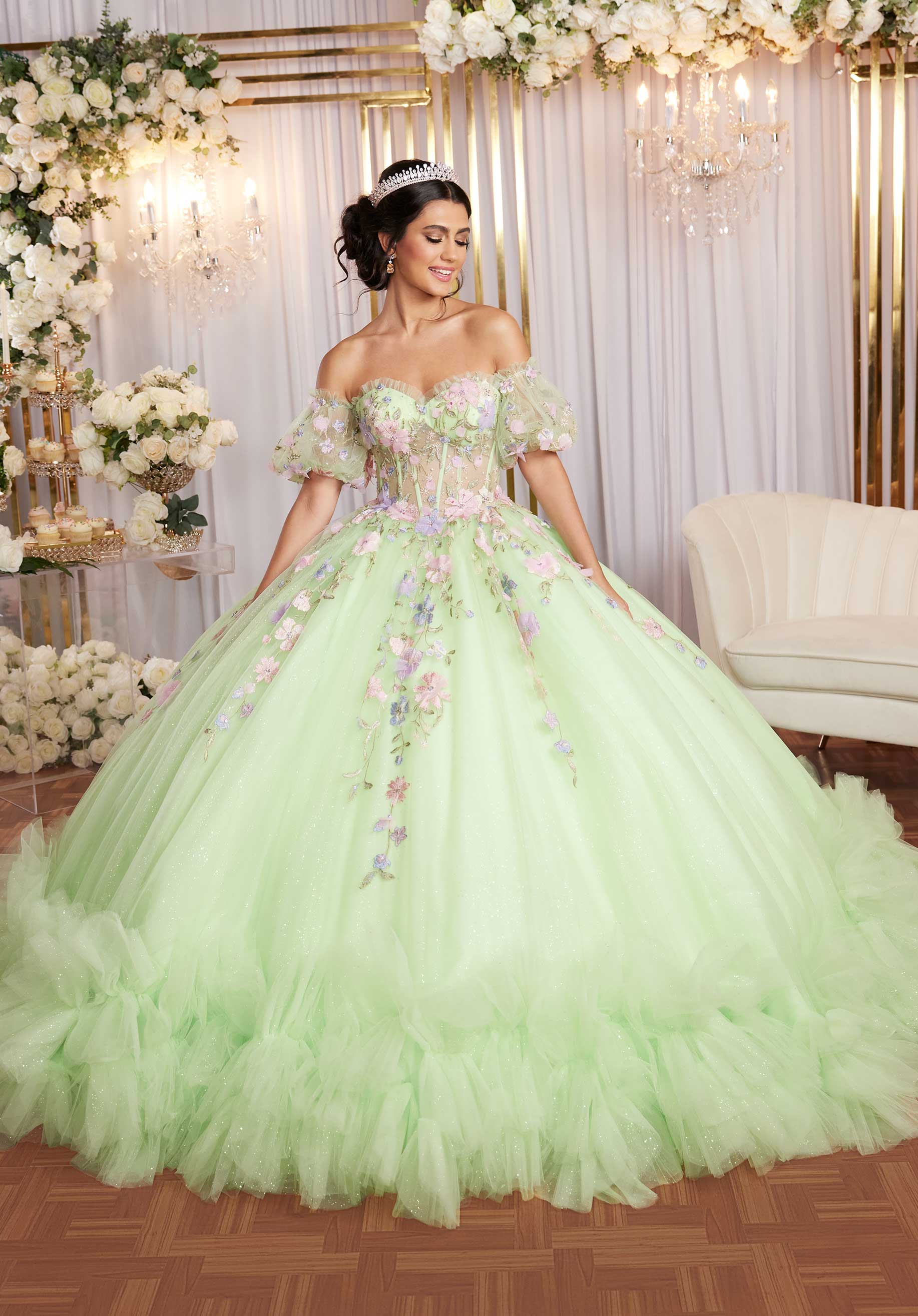 Multicolor Floral Sweetheart Quinceañera Dress with Ruffled Details - Image 5