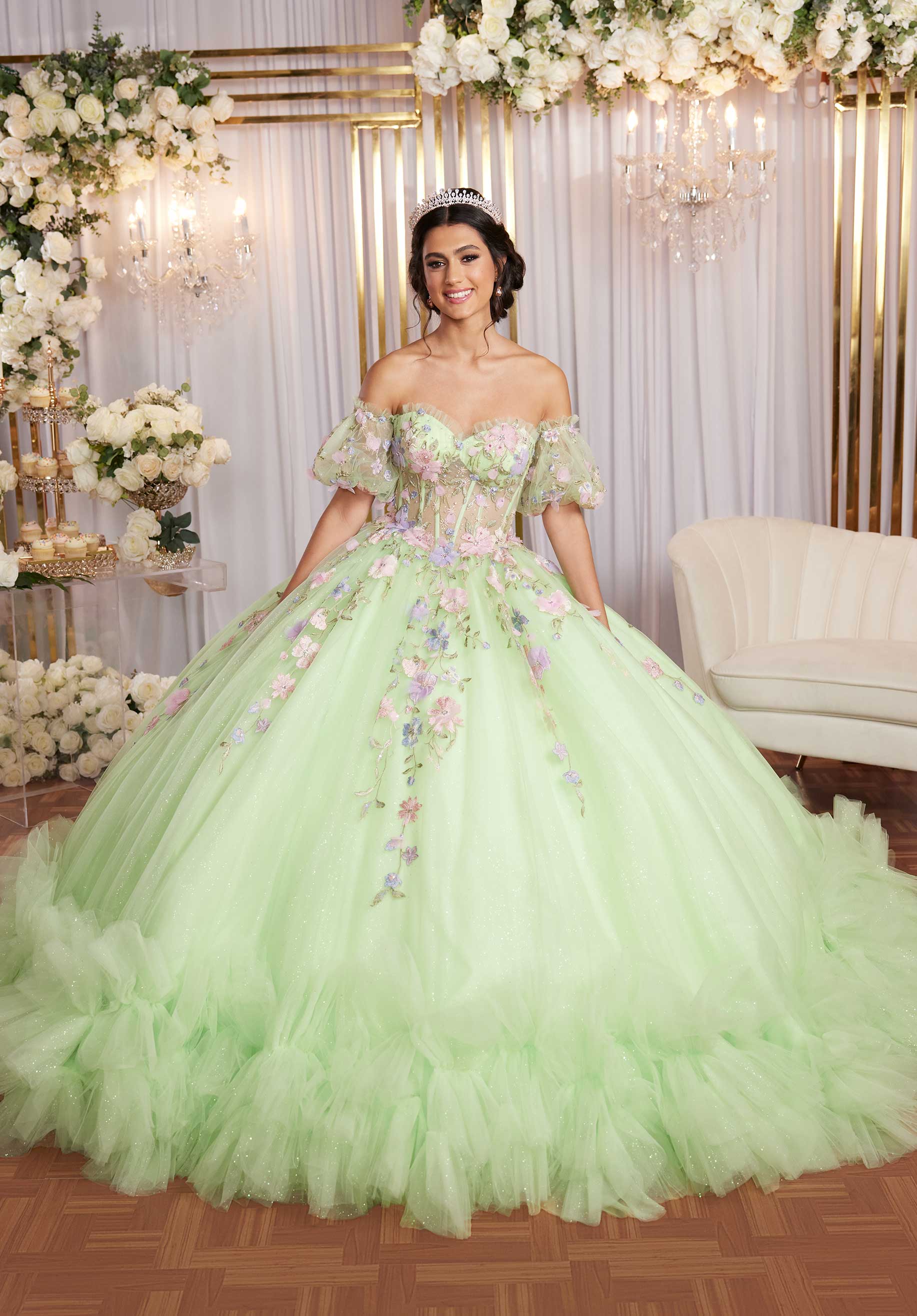 Multicolor Floral Sweetheart Quinceañera Dress with Ruffled Details - Image 6
