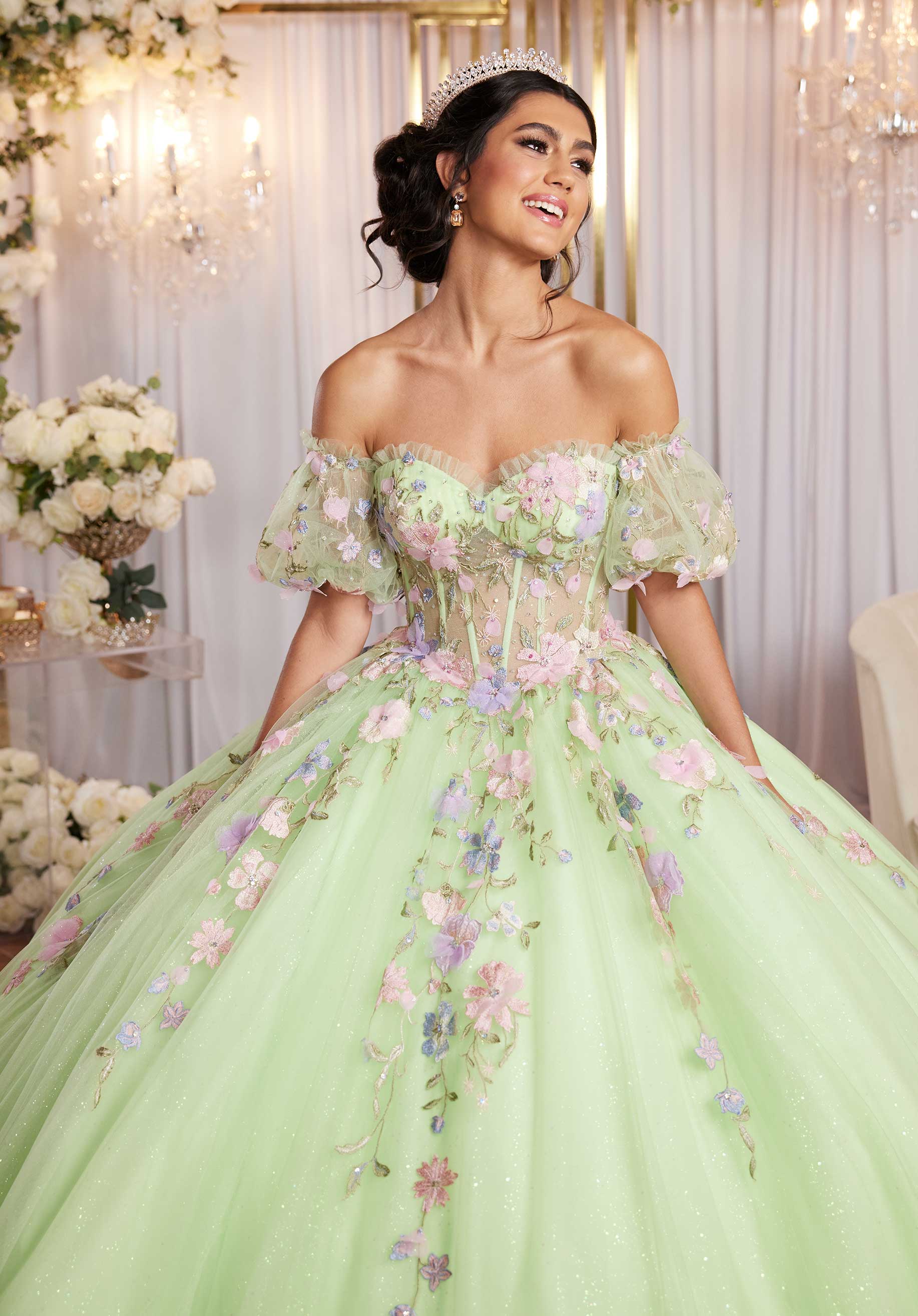 Multicolor Floral Sweetheart Quinceañera Dress with Ruffled Details - Image 7