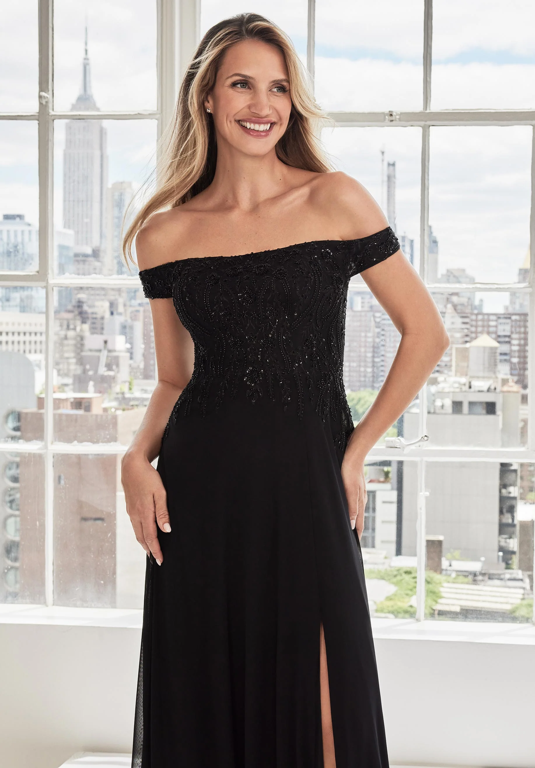 Off The Shoulder Beaded Embroidered Chiffon Evening Gown - Image 3