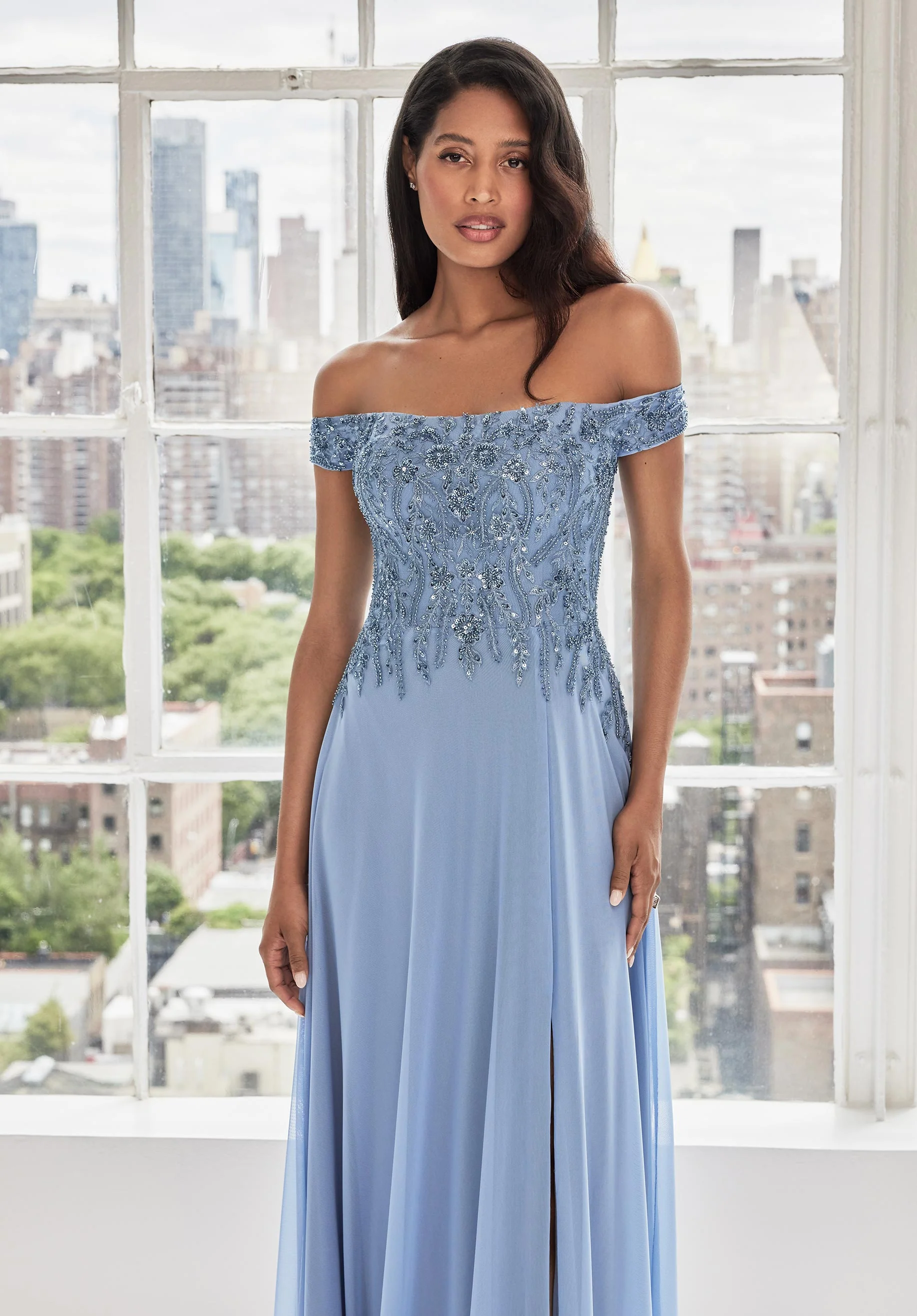 Off The Shoulder Beaded Embroidered Chiffon Evening Gown - Image 5