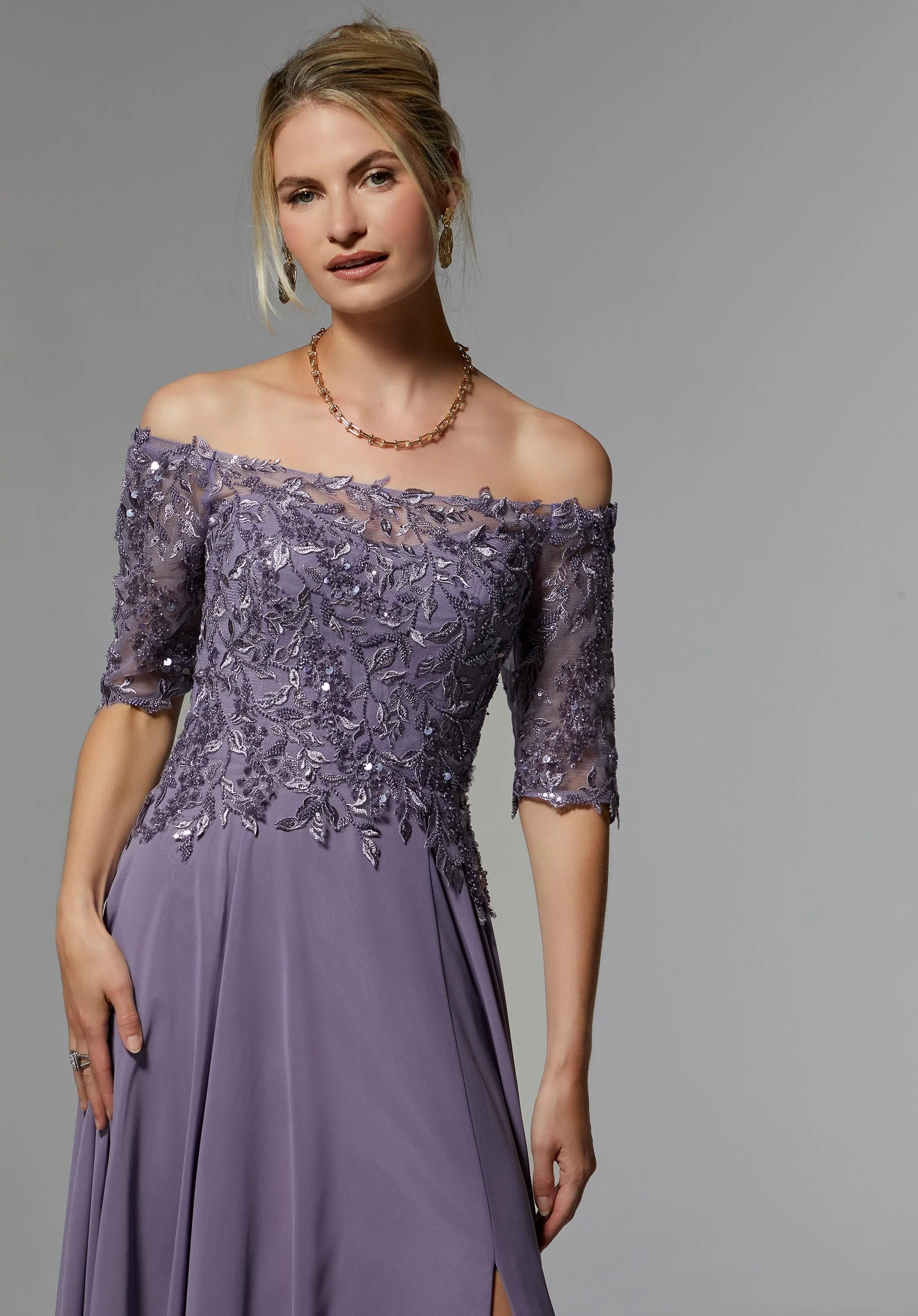 Off The Shoulder Beaded Embroidered Chiffon Evening Gown - Image 4