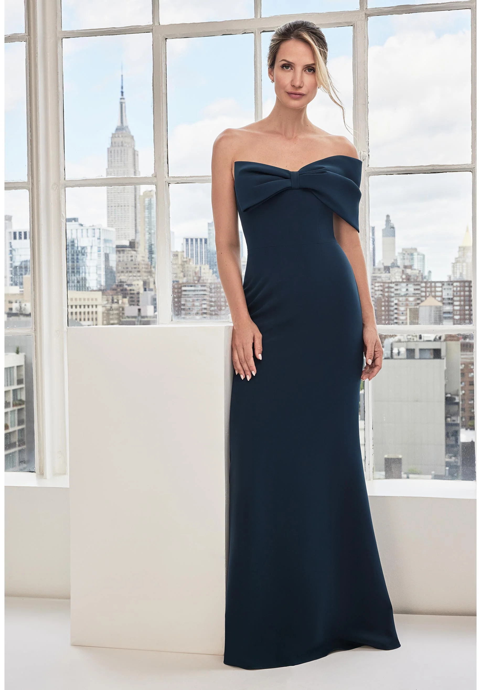 Off The Shoulder Bow Stretch Crepe Evening Gown