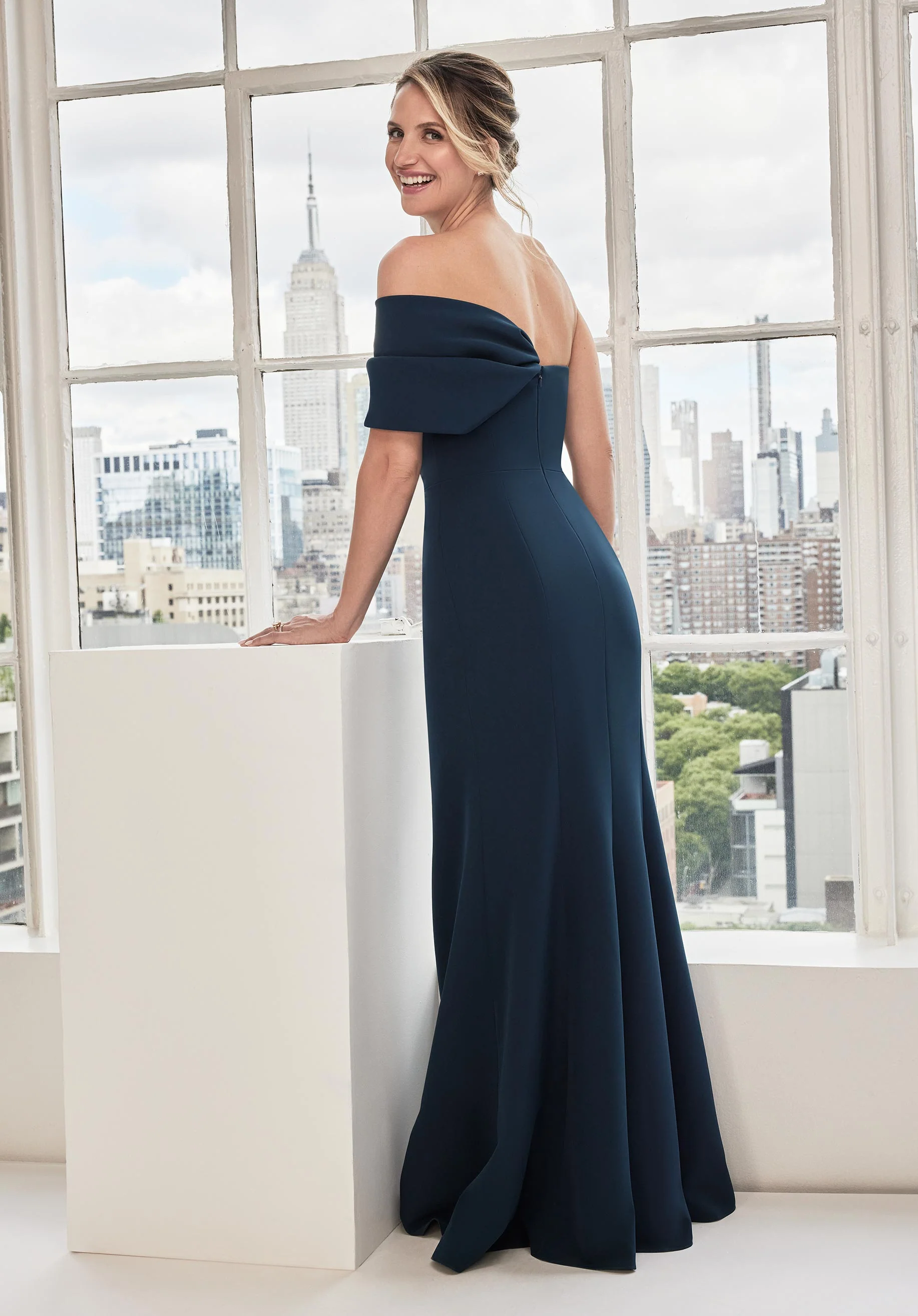 Off The Shoulder Bow Stretch Crepe Evening Gown - Image 3