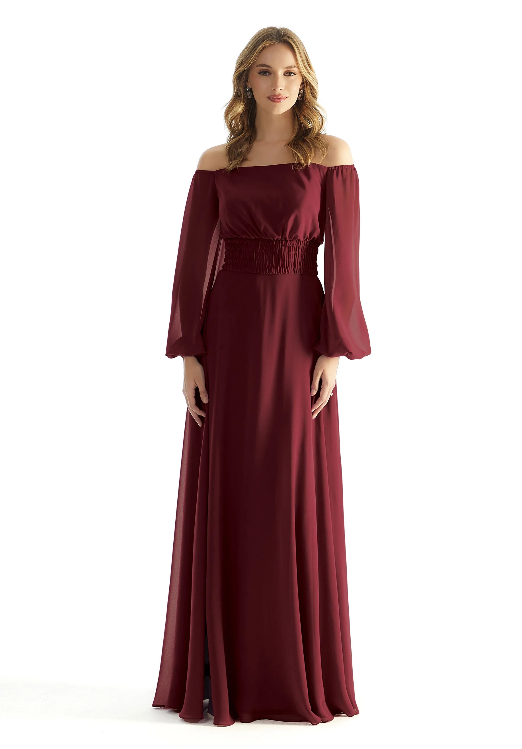Off The Shoulder Chiffon Bridesmaid Dress with Ruched Waist