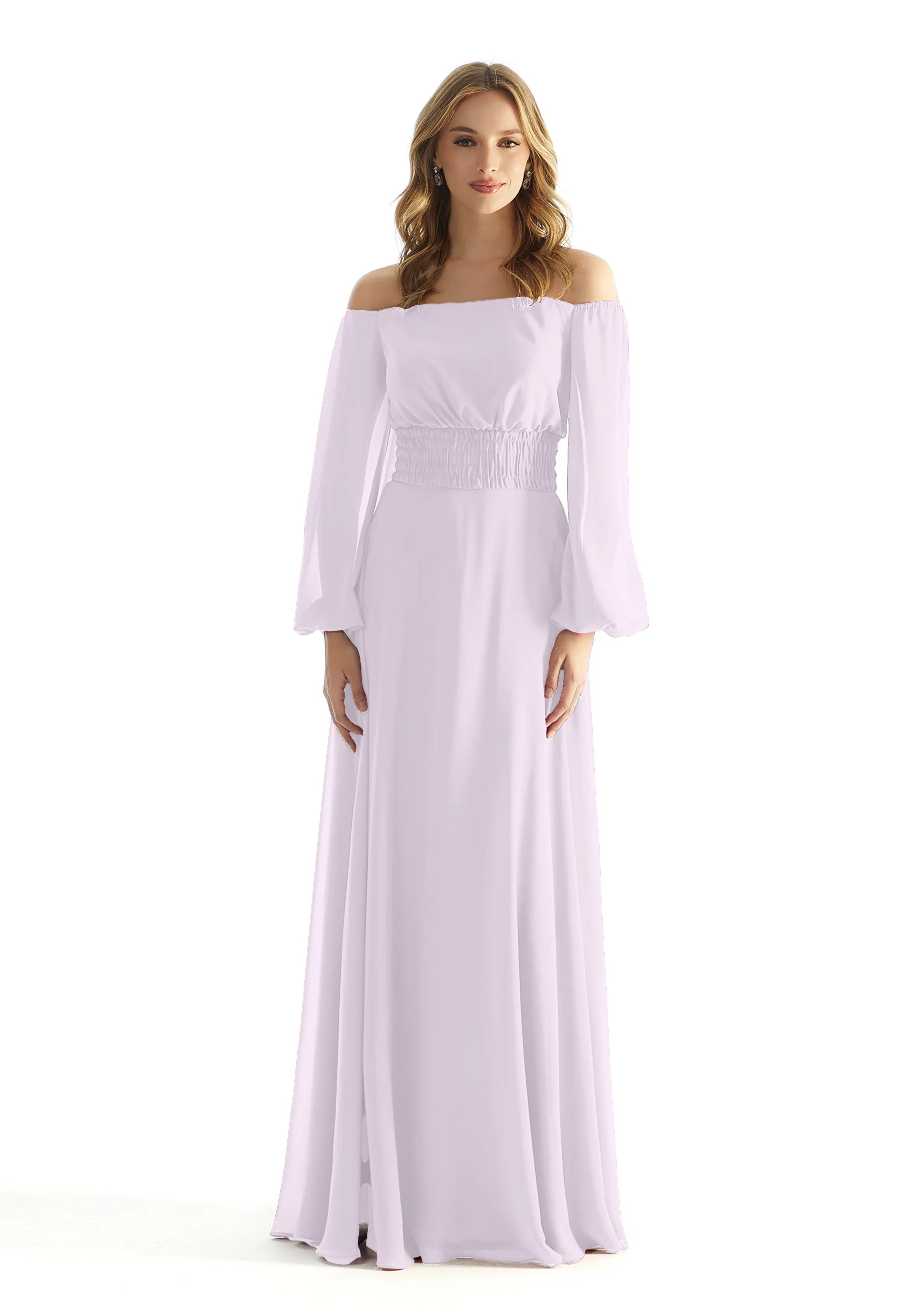 Off The Shoulder Chiffon Bridesmaid Dress with Ruched Waist - Image 11