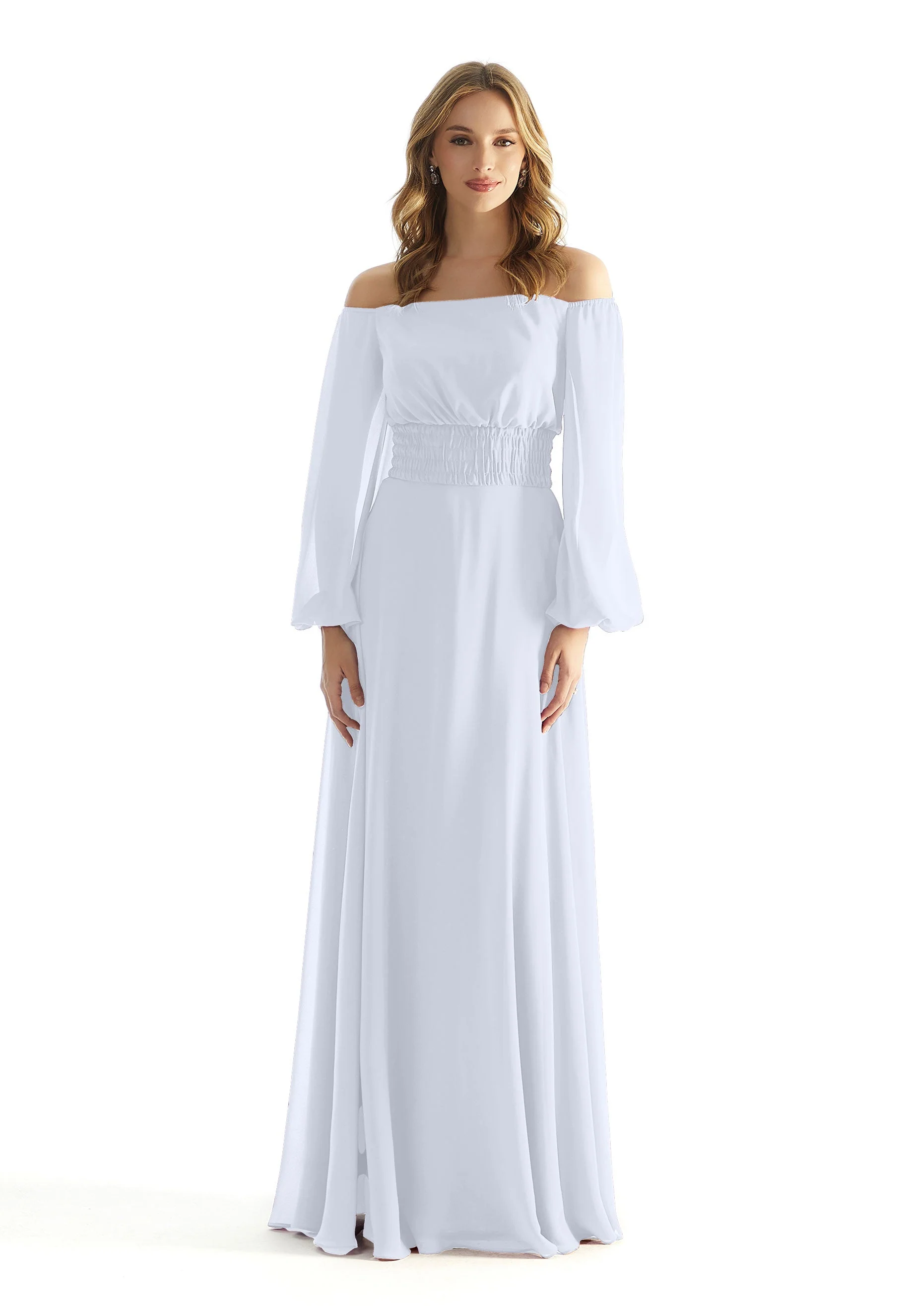 Off The Shoulder Chiffon Bridesmaid Dress with Ruched Waist - Image 12