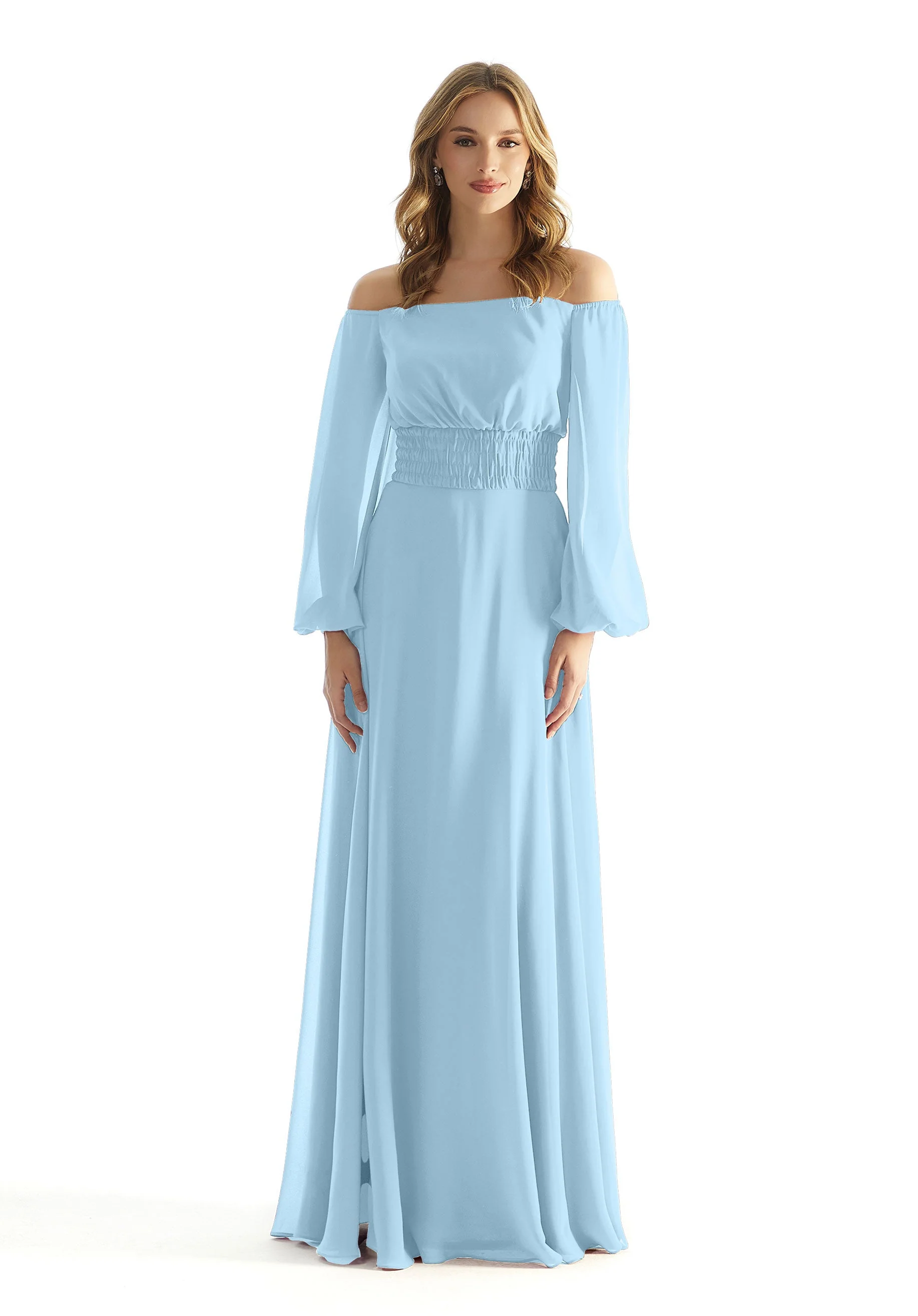 Off The Shoulder Chiffon Bridesmaid Dress with Ruched Waist - Image 13