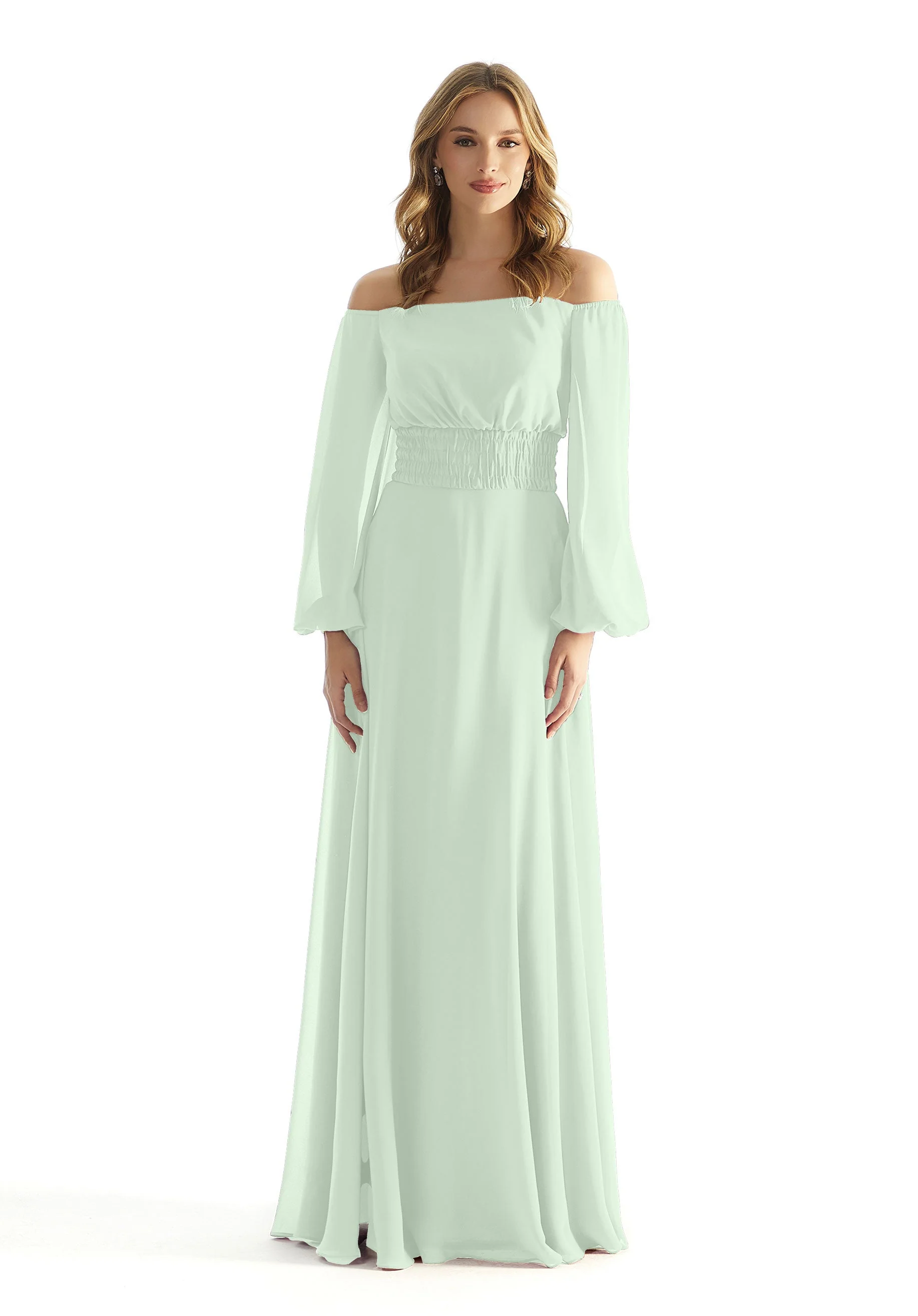 Off The Shoulder Chiffon Bridesmaid Dress with Ruched Waist - Image 14