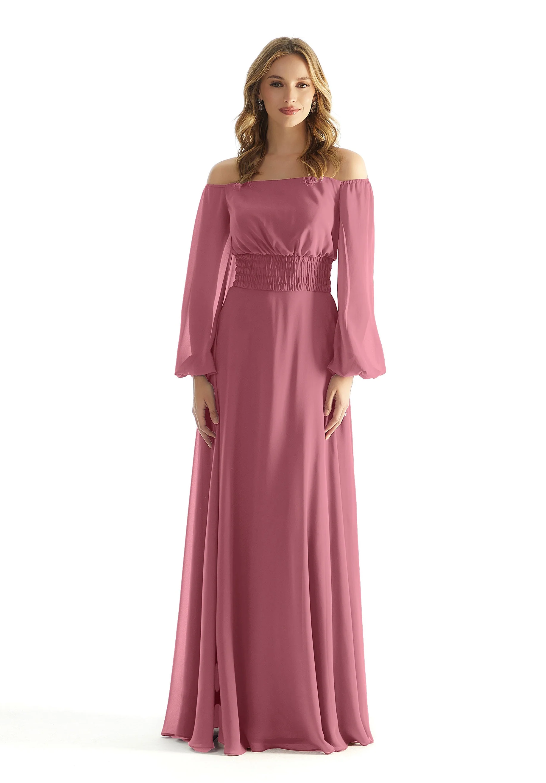 Off The Shoulder Chiffon Bridesmaid Dress with Ruched Waist - Image 16