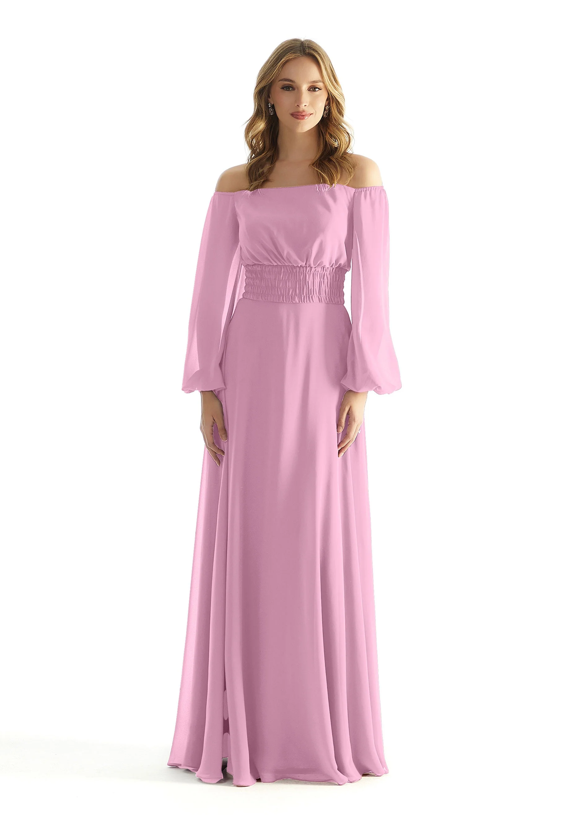 Off The Shoulder Chiffon Bridesmaid Dress with Ruched Waist - Image 17