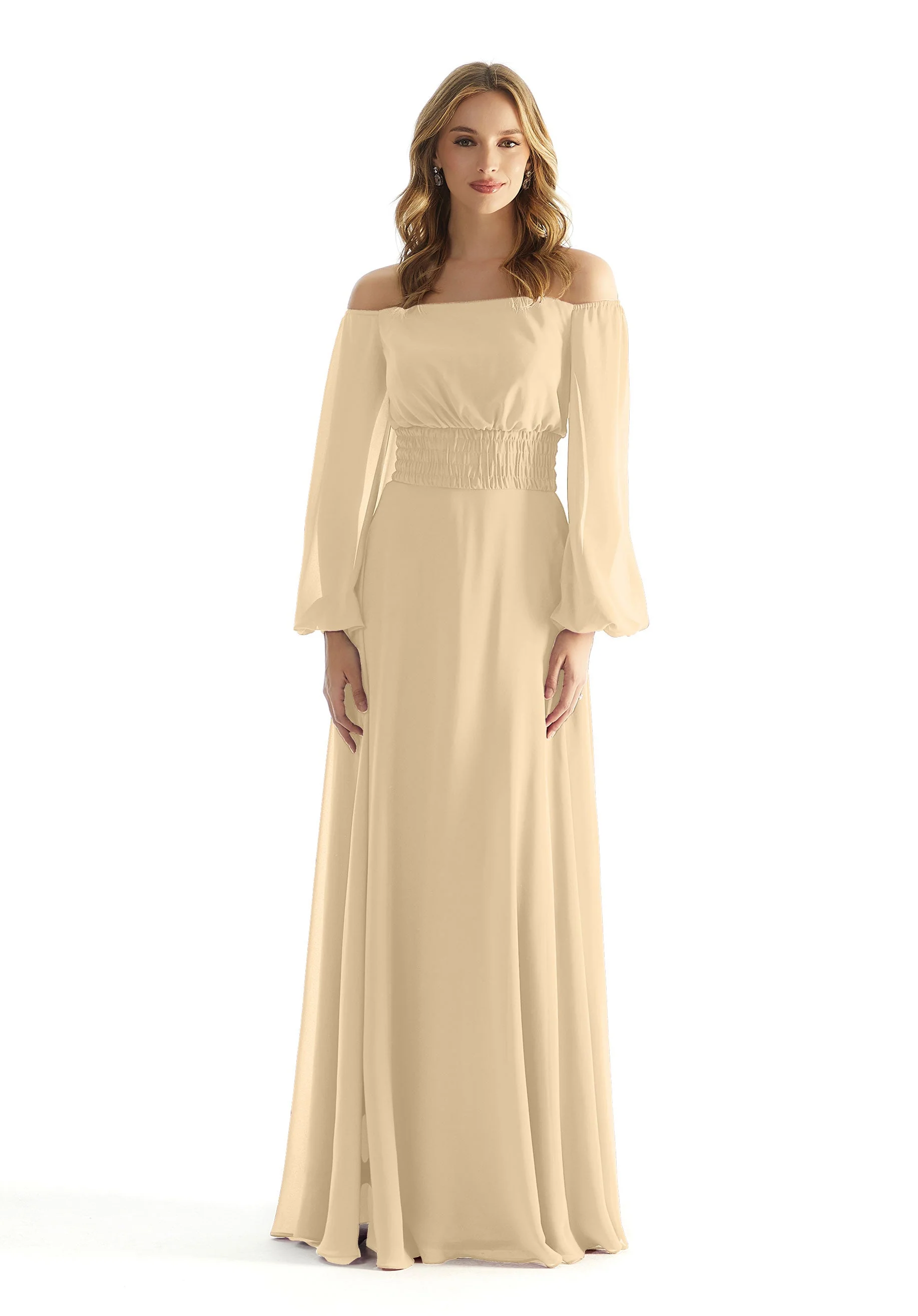 Off The Shoulder Chiffon Bridesmaid Dress with Ruched Waist - Image 18