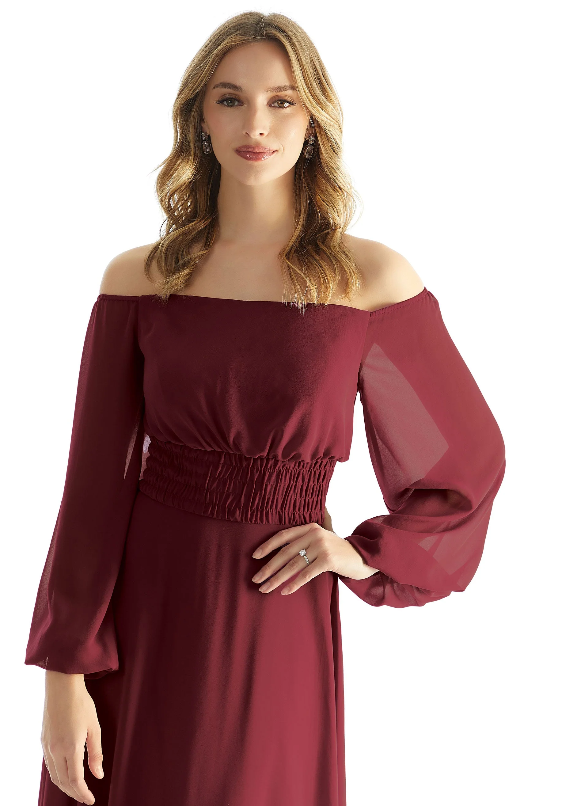 Off The Shoulder Chiffon Bridesmaid Dress with Ruched Waist - Image 2