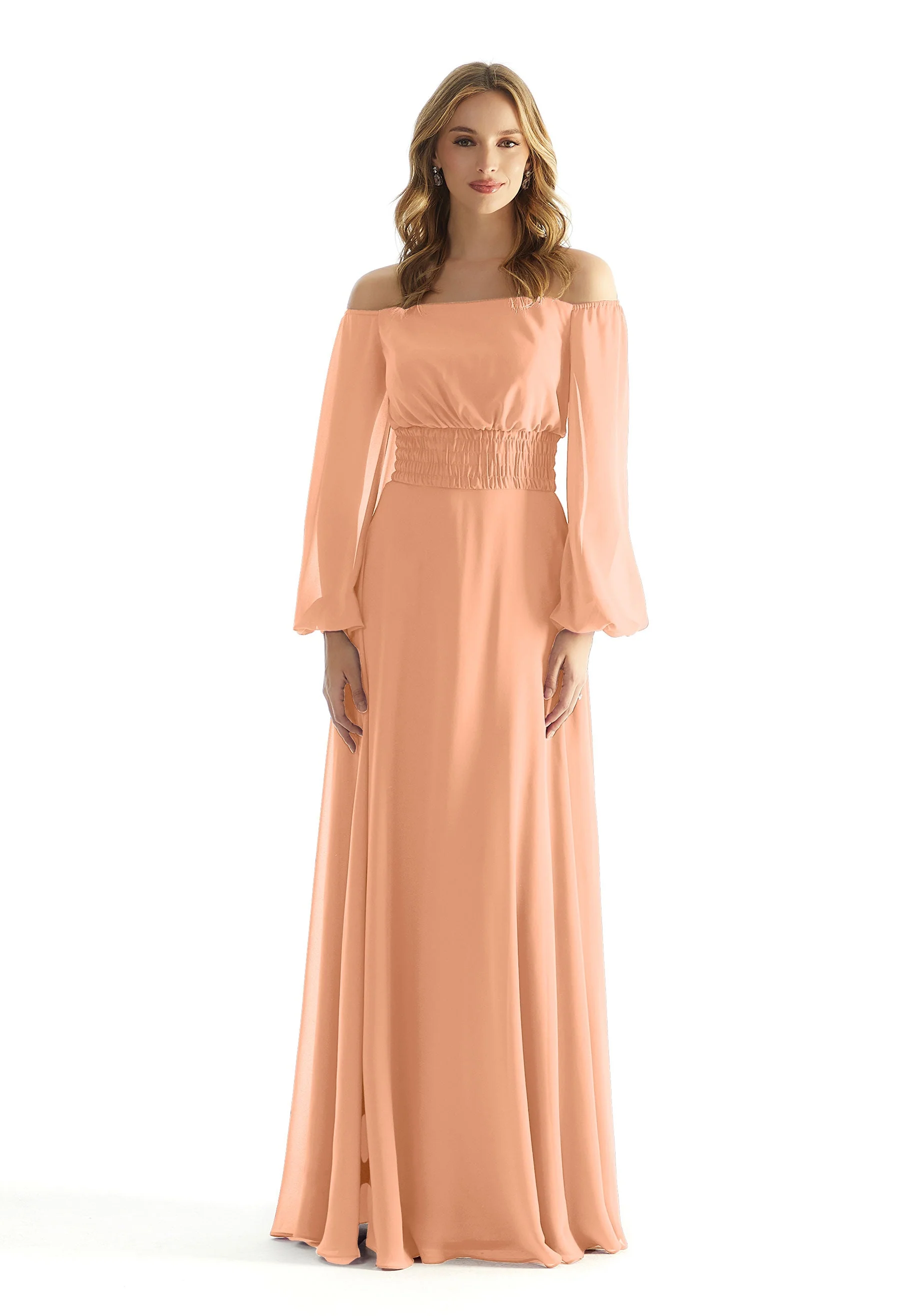 Off The Shoulder Chiffon Bridesmaid Dress with Ruched Waist - Image 22