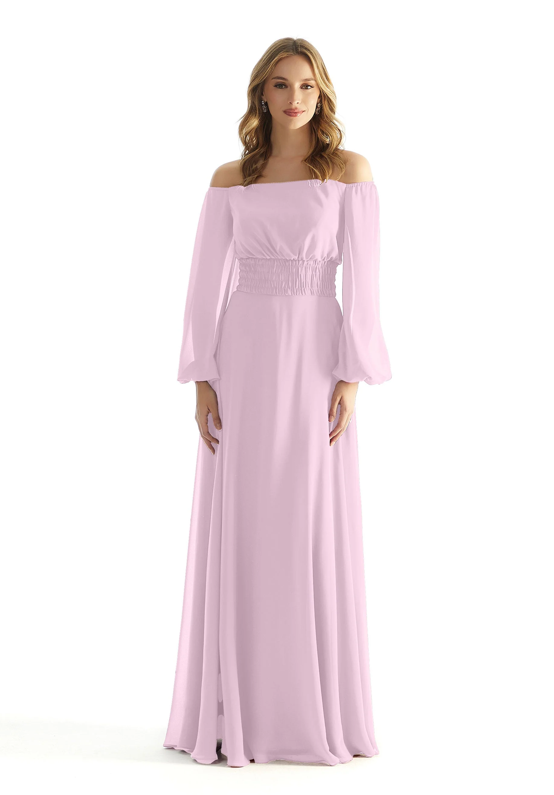 Off The Shoulder Chiffon Bridesmaid Dress with Ruched Waist - Image 24