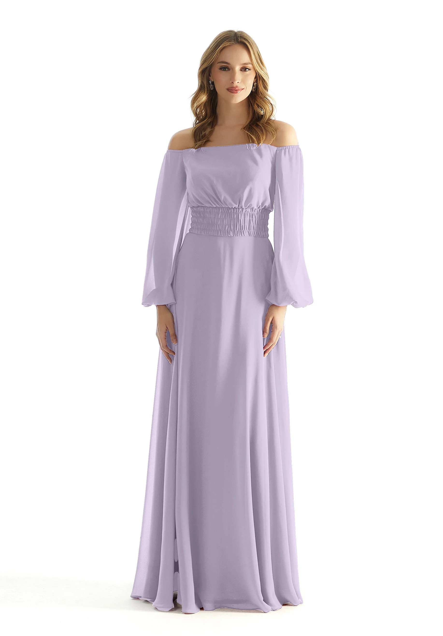 Off The Shoulder Chiffon Bridesmaid Dress with Ruched Waist - Image 25