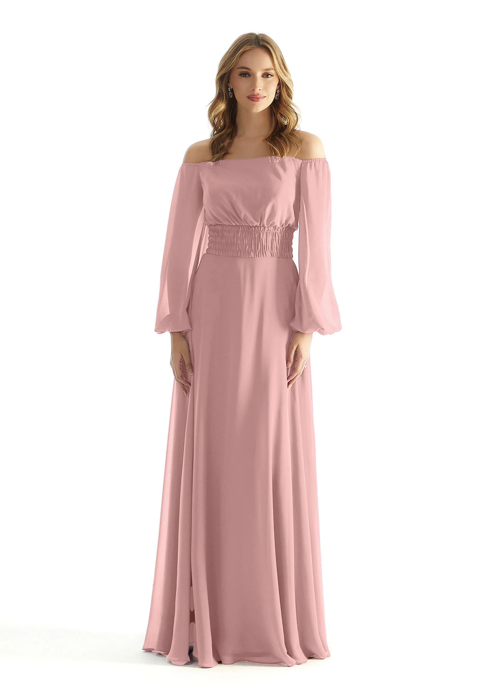 Off The Shoulder Chiffon Bridesmaid Dress with Ruched Waist - Image 26