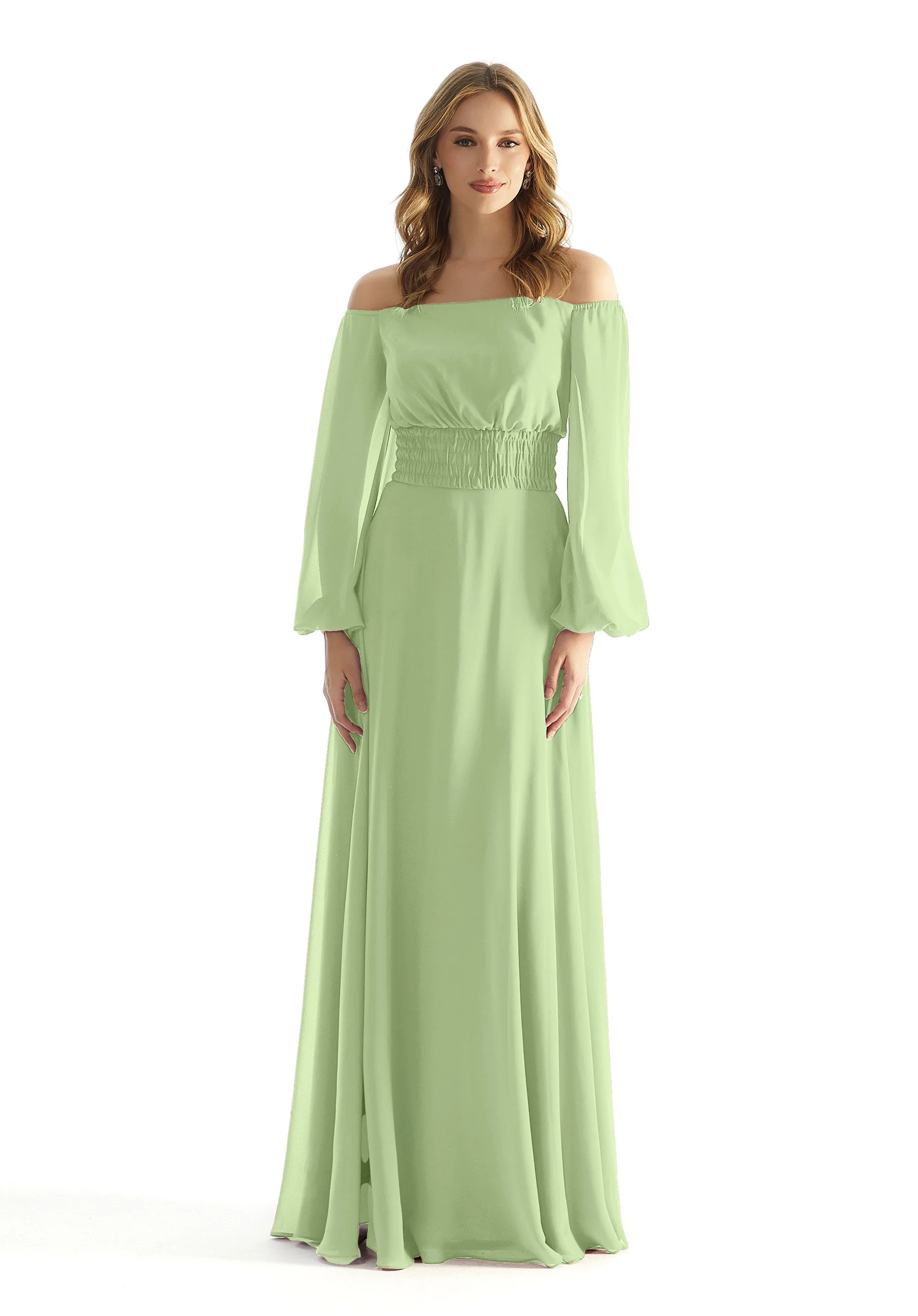 Off The Shoulder Chiffon Bridesmaid Dress with Ruched Waist - Image 27