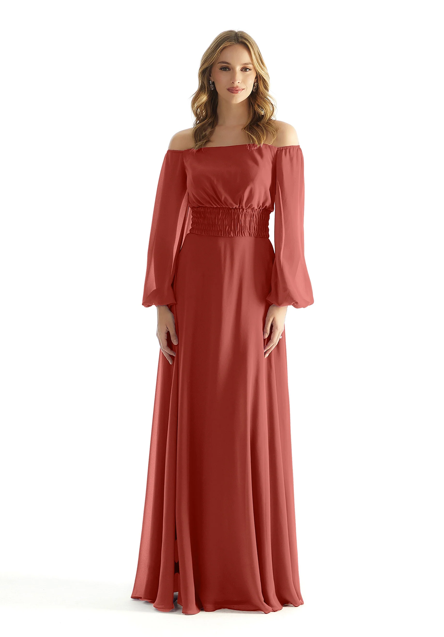 Off The Shoulder Chiffon Bridesmaid Dress with Ruched Waist - Image 28