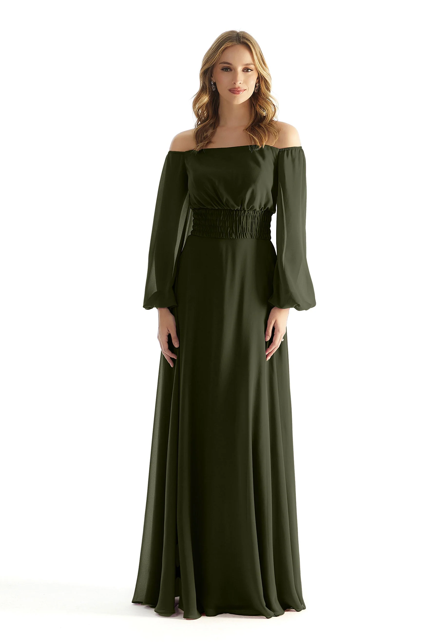 Off The Shoulder Chiffon Bridesmaid Dress with Ruched Waist - Image 29