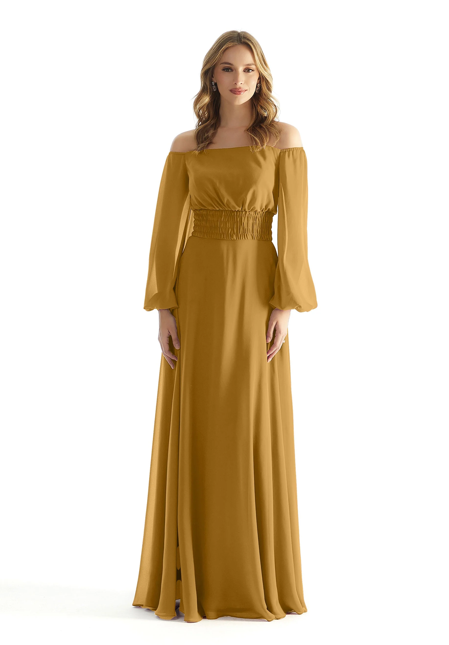 Off The Shoulder Chiffon Bridesmaid Dress with Ruched Waist - Image 31