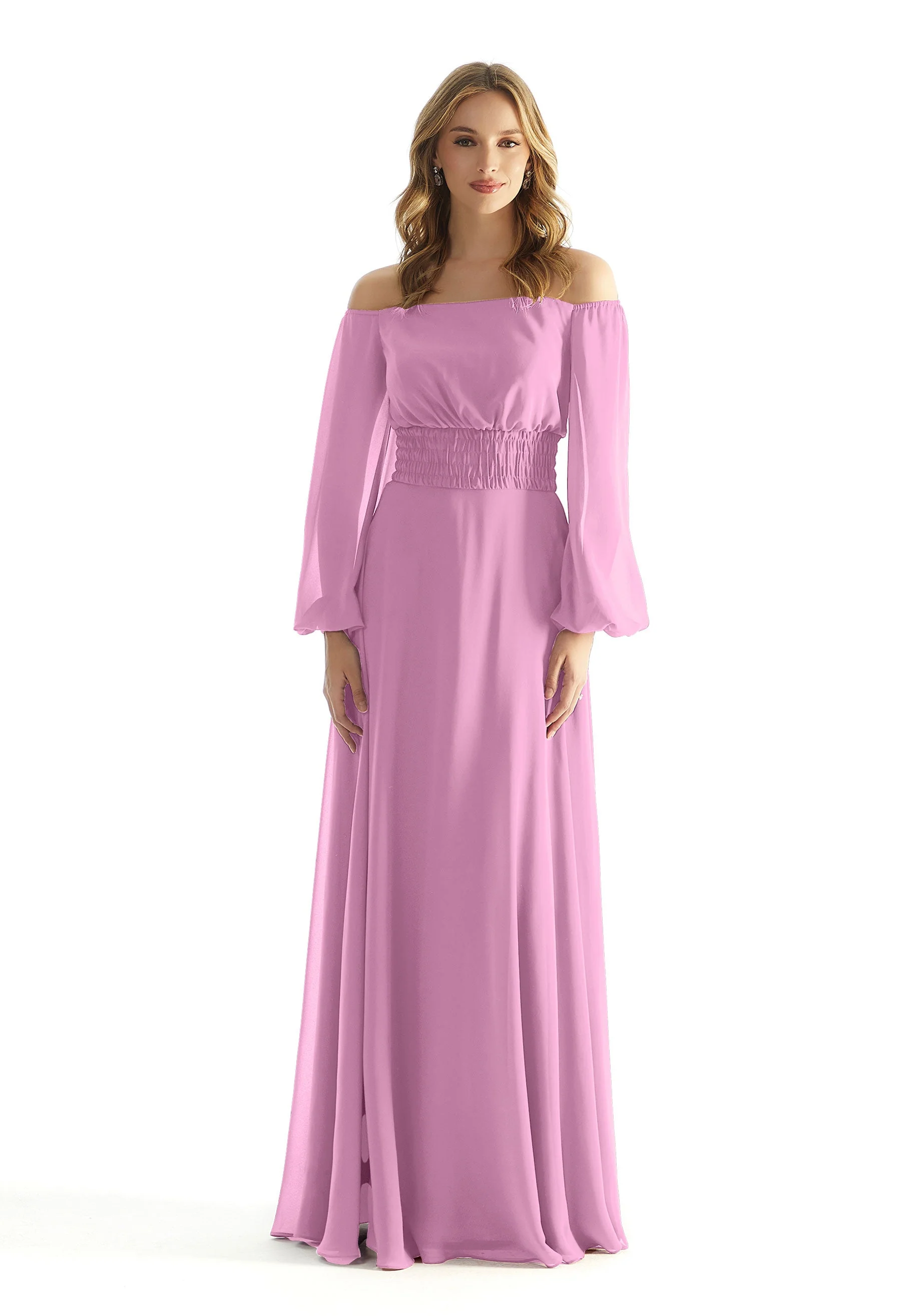 Off The Shoulder Chiffon Bridesmaid Dress with Ruched Waist - Image 33