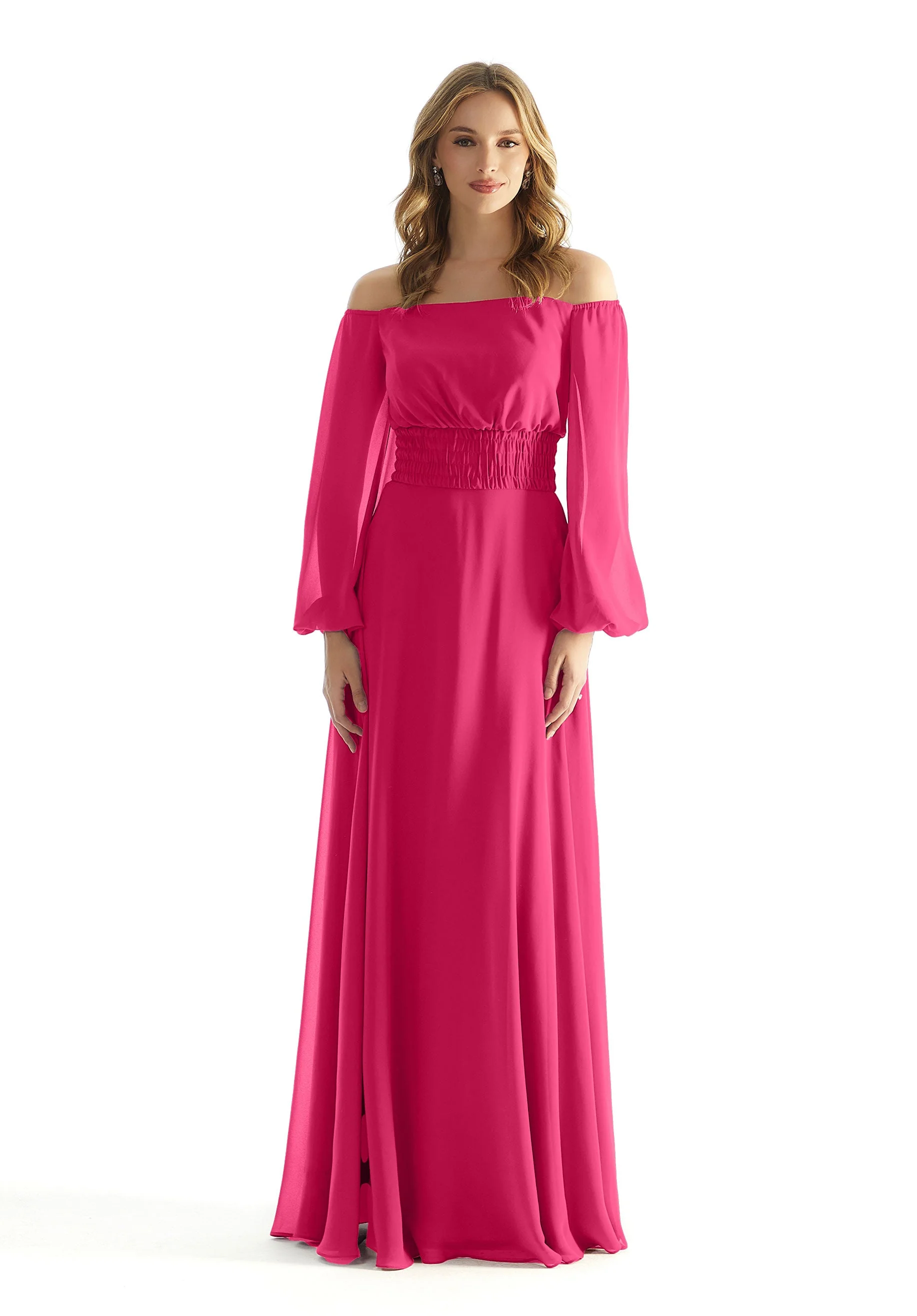 Off The Shoulder Chiffon Bridesmaid Dress with Ruched Waist - Image 34