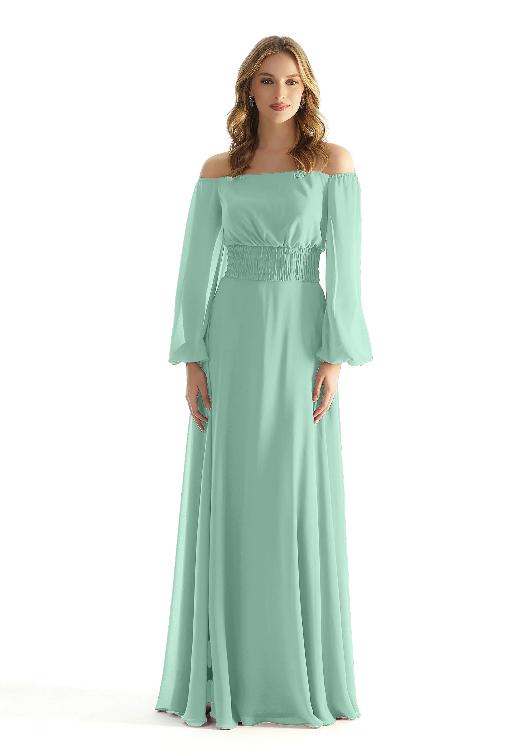 Off The Shoulder Chiffon Bridesmaid Dress with Ruched Waist - Image 36