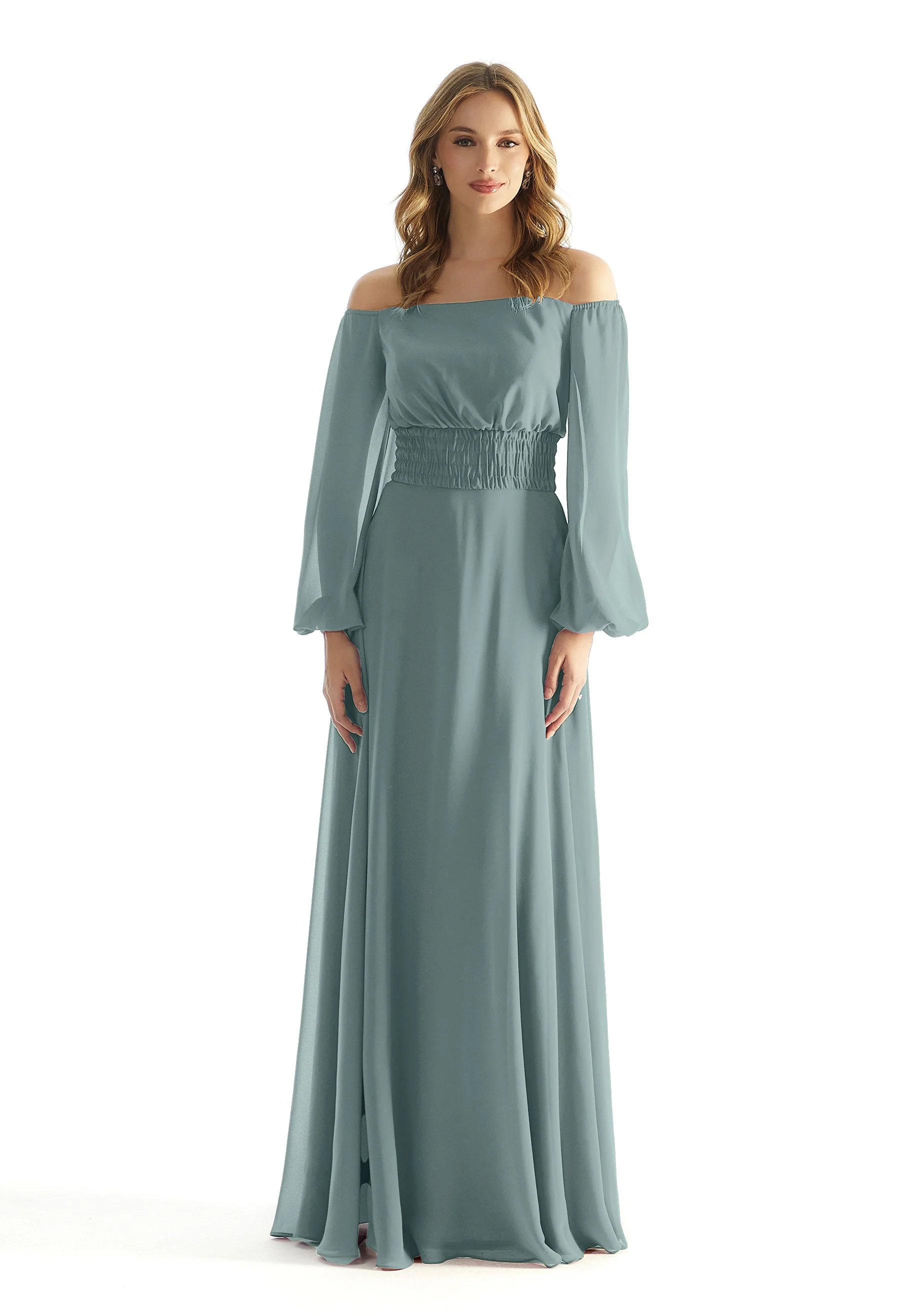 Off The Shoulder Chiffon Bridesmaid Dress with Ruched Waist - Image 37