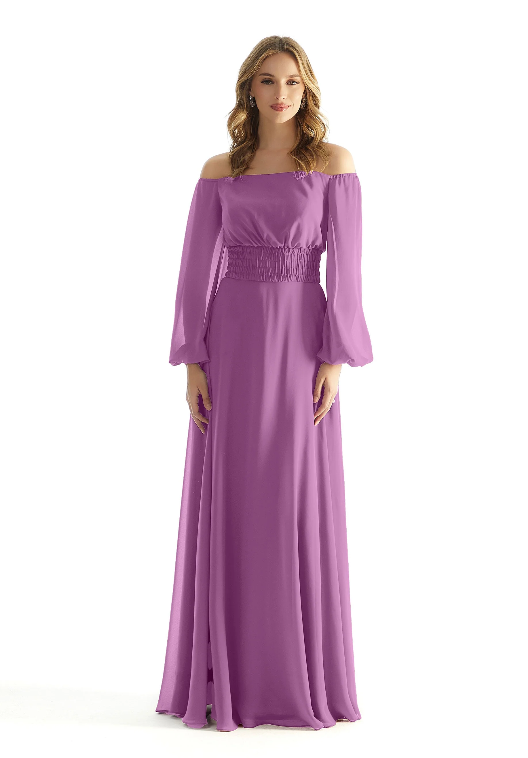 Off The Shoulder Chiffon Bridesmaid Dress with Ruched Waist - Image 38