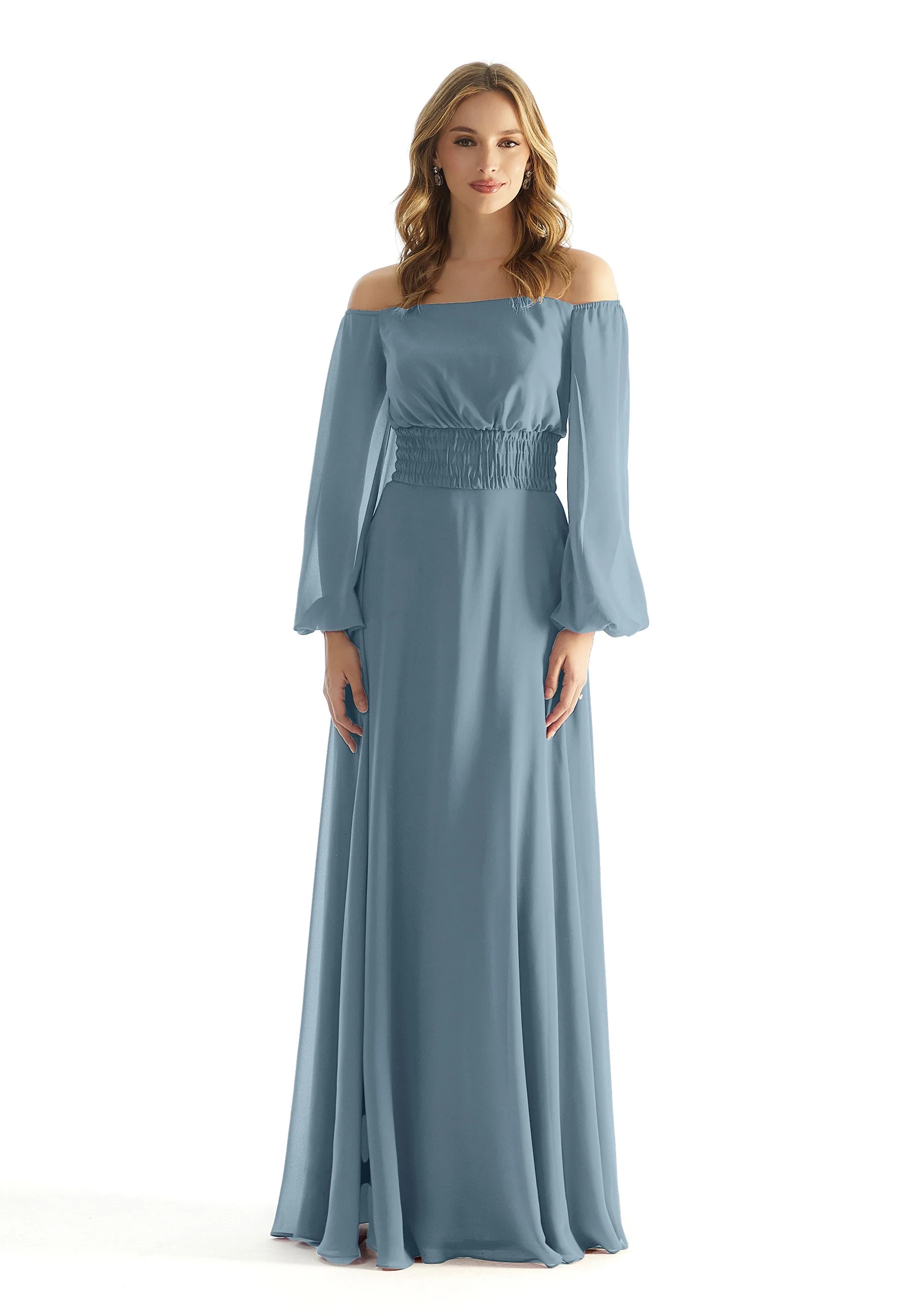 Off The Shoulder Chiffon Bridesmaid Dress with Ruched Waist - Image 39