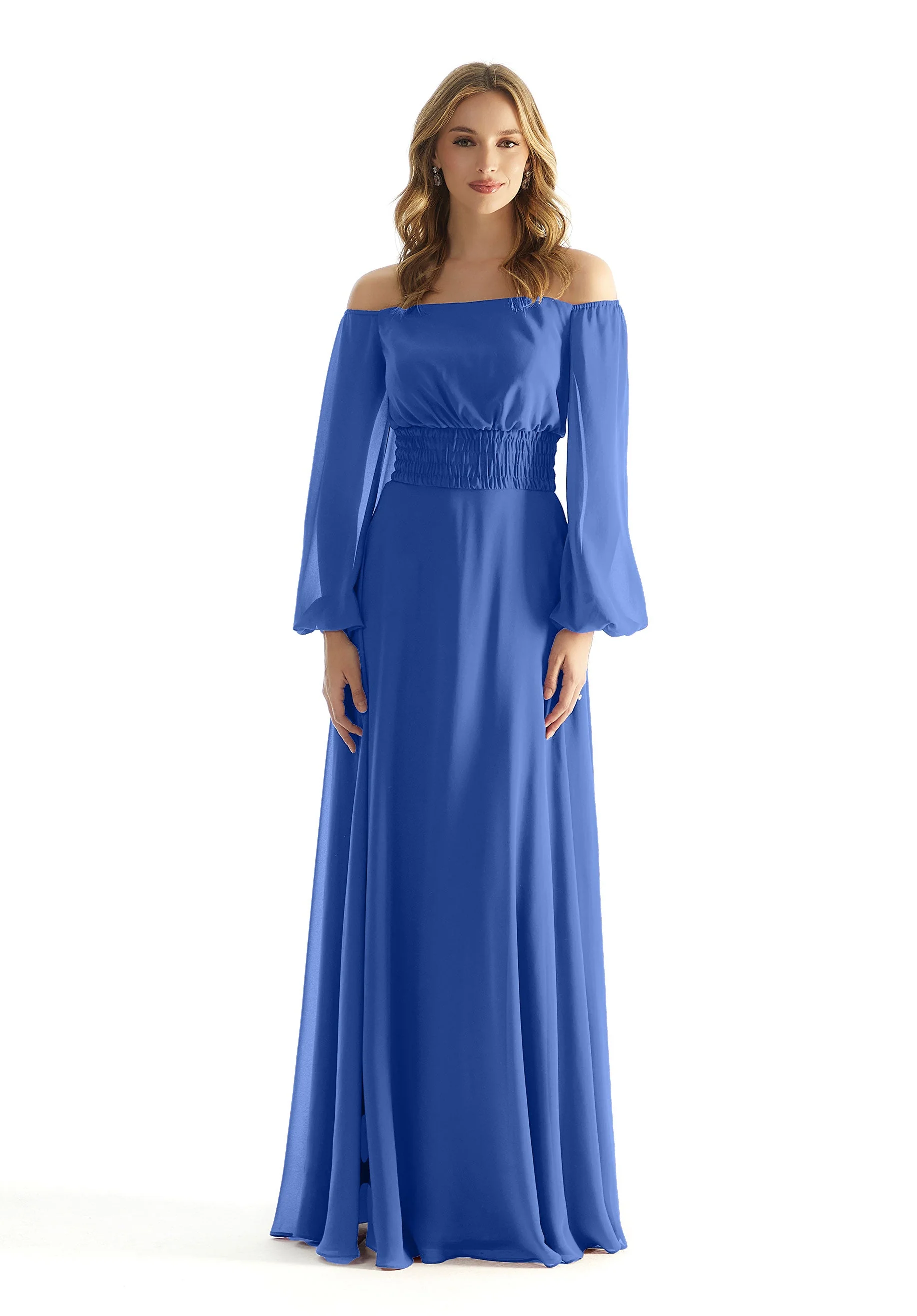 Off The Shoulder Chiffon Bridesmaid Dress with Ruched Waist - Image 40