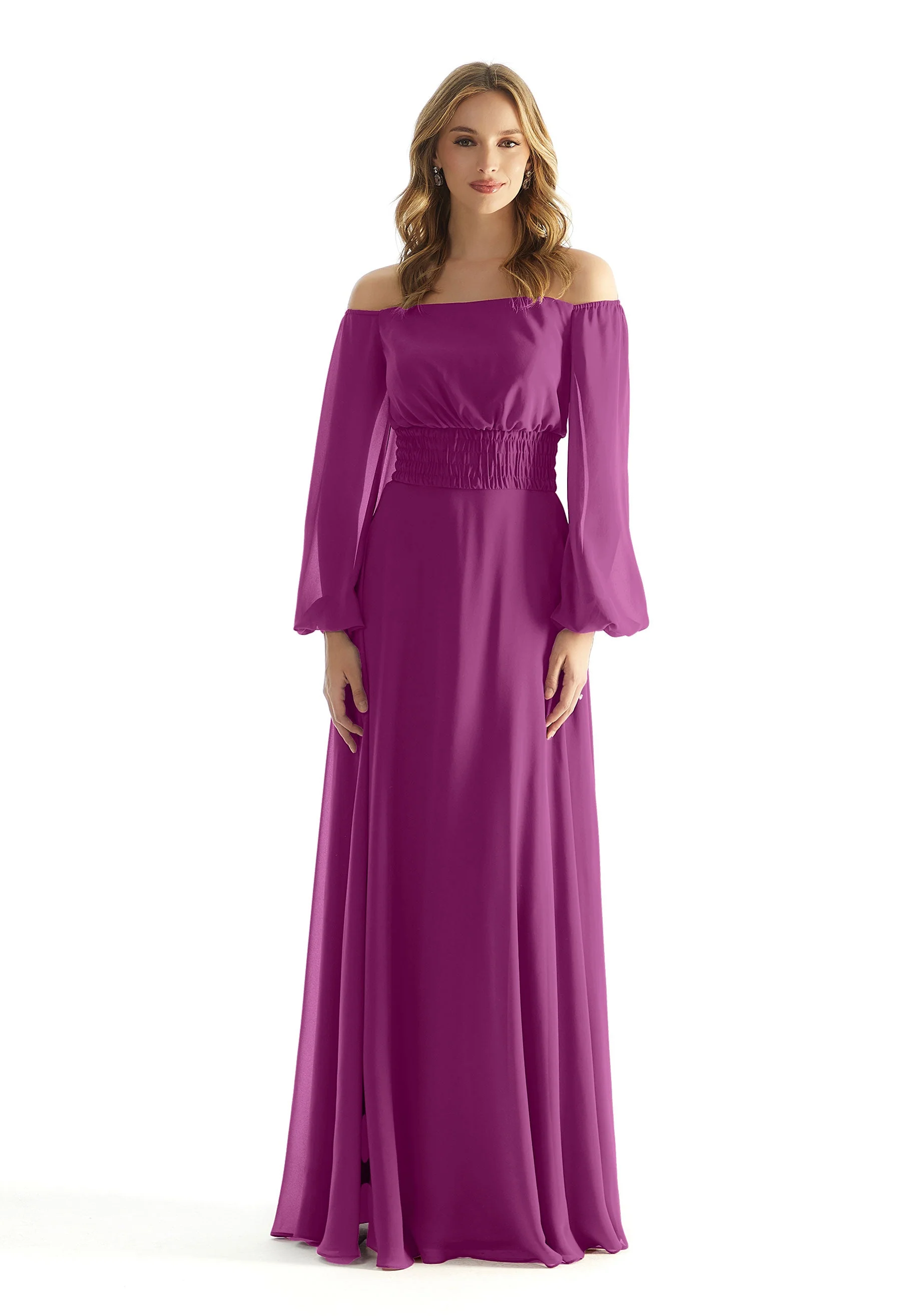 Off The Shoulder Chiffon Bridesmaid Dress with Ruched Waist - Image 41