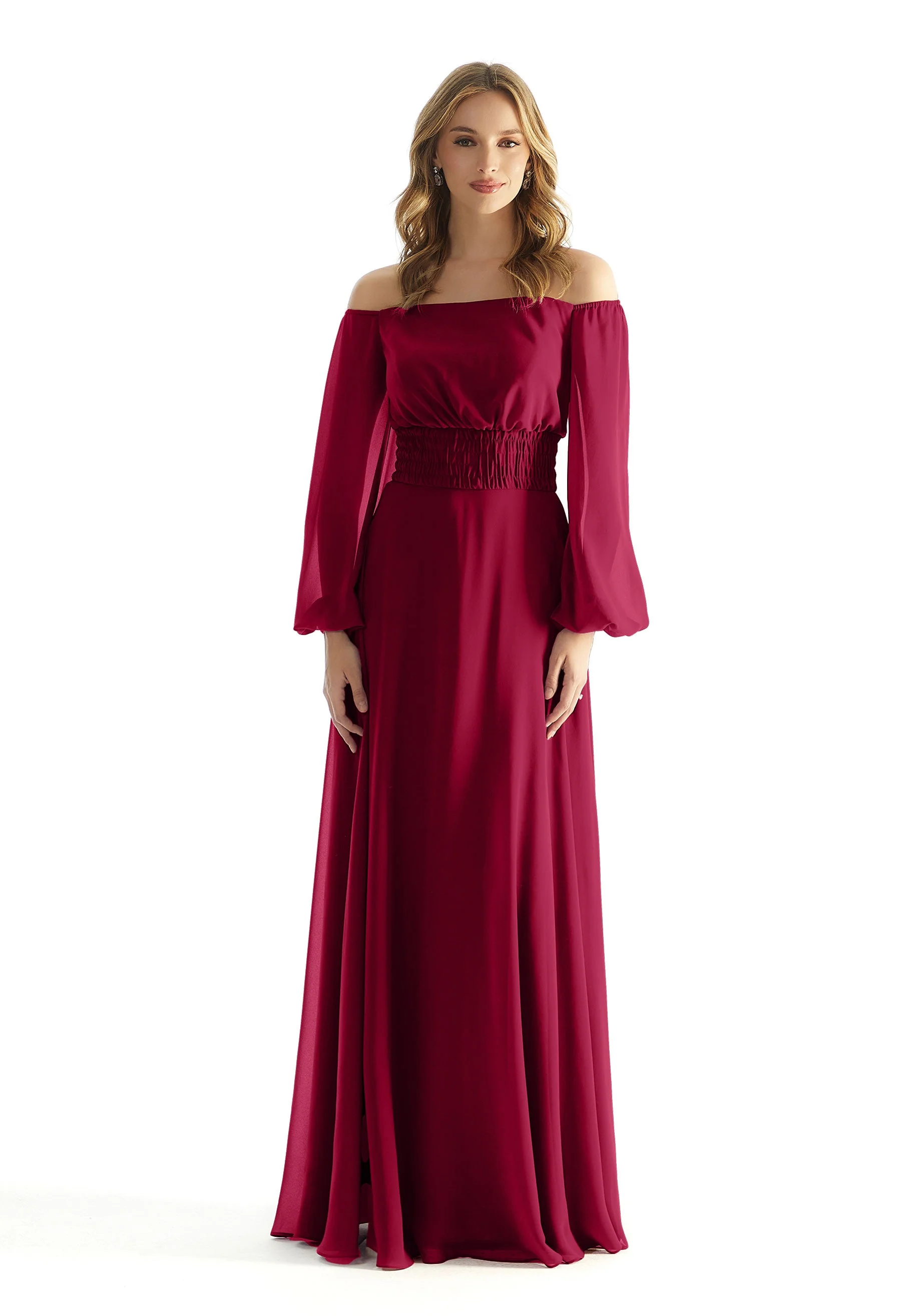 Off The Shoulder Chiffon Bridesmaid Dress with Ruched Waist - Image 42