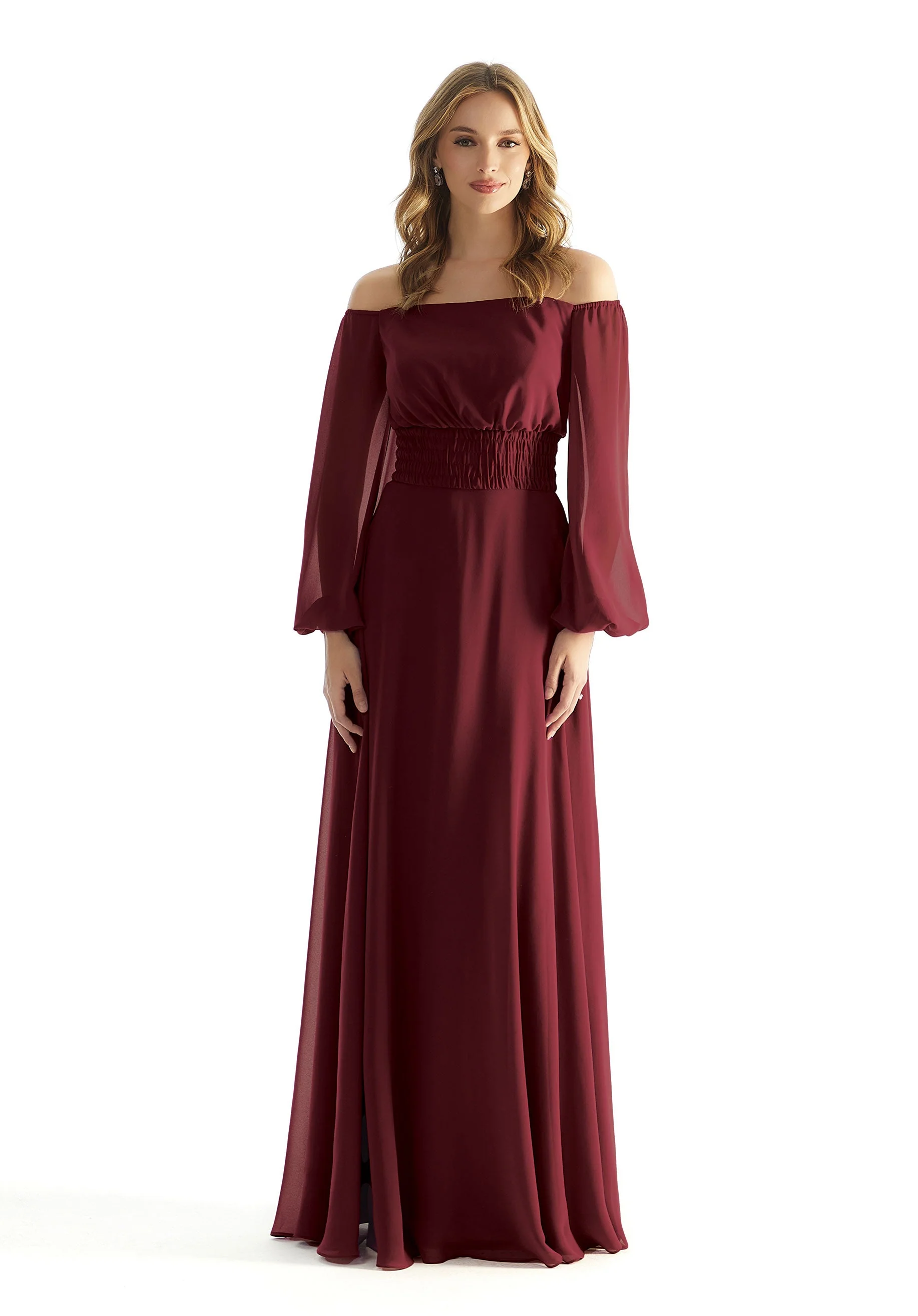 Off The Shoulder Chiffon Bridesmaid Dress with Ruched Waist - Image 43
