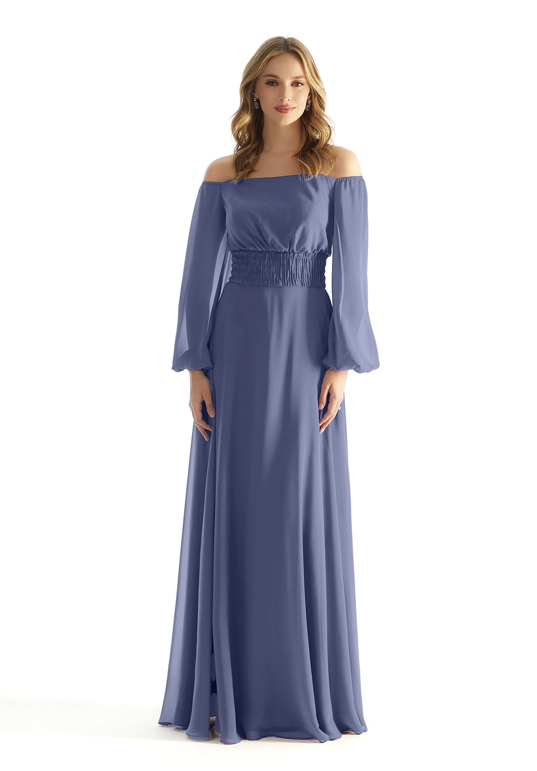 Off The Shoulder Chiffon Bridesmaid Dress with Ruched Waist - Image 44