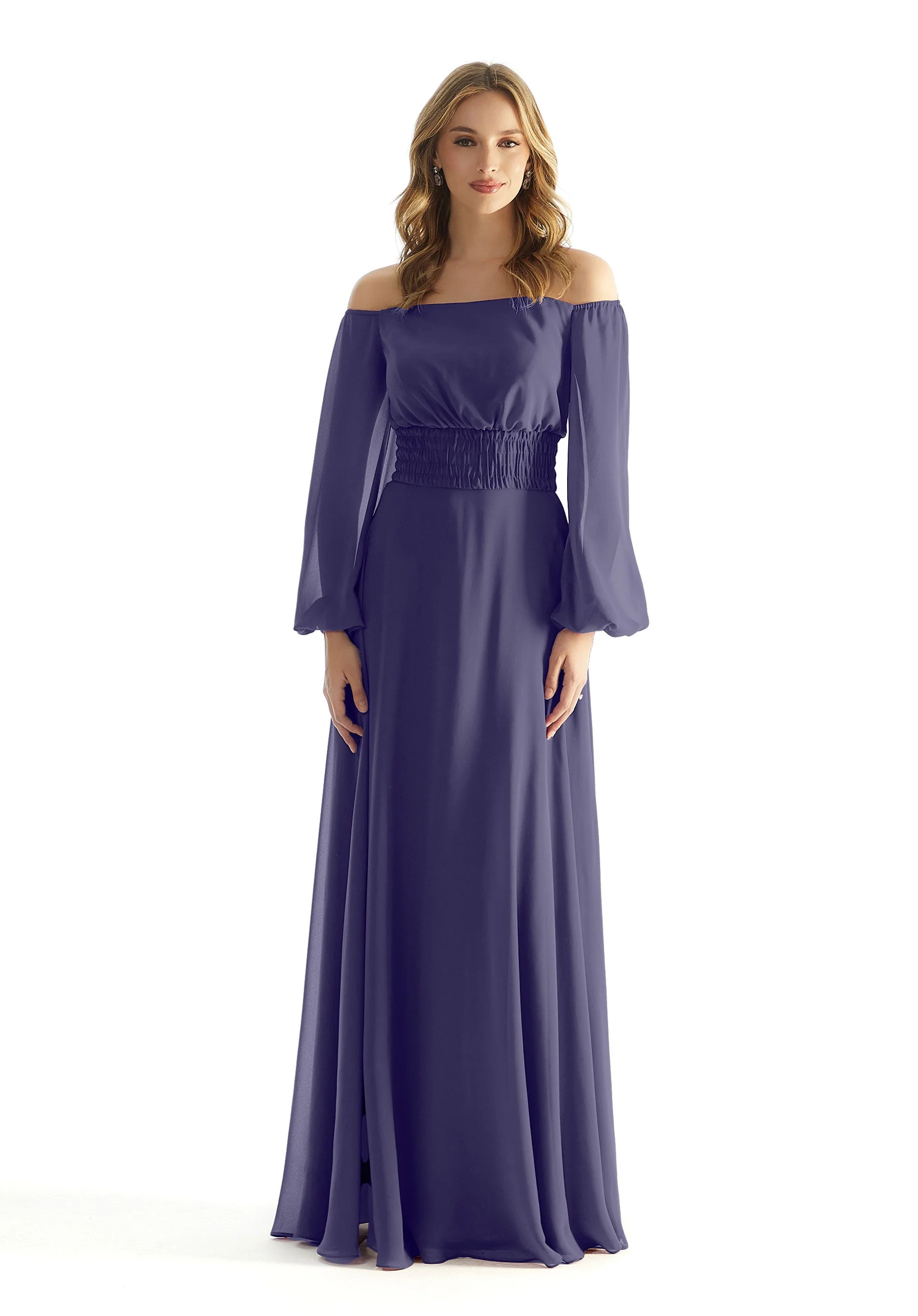 Off The Shoulder Chiffon Bridesmaid Dress with Ruched Waist - Image 45