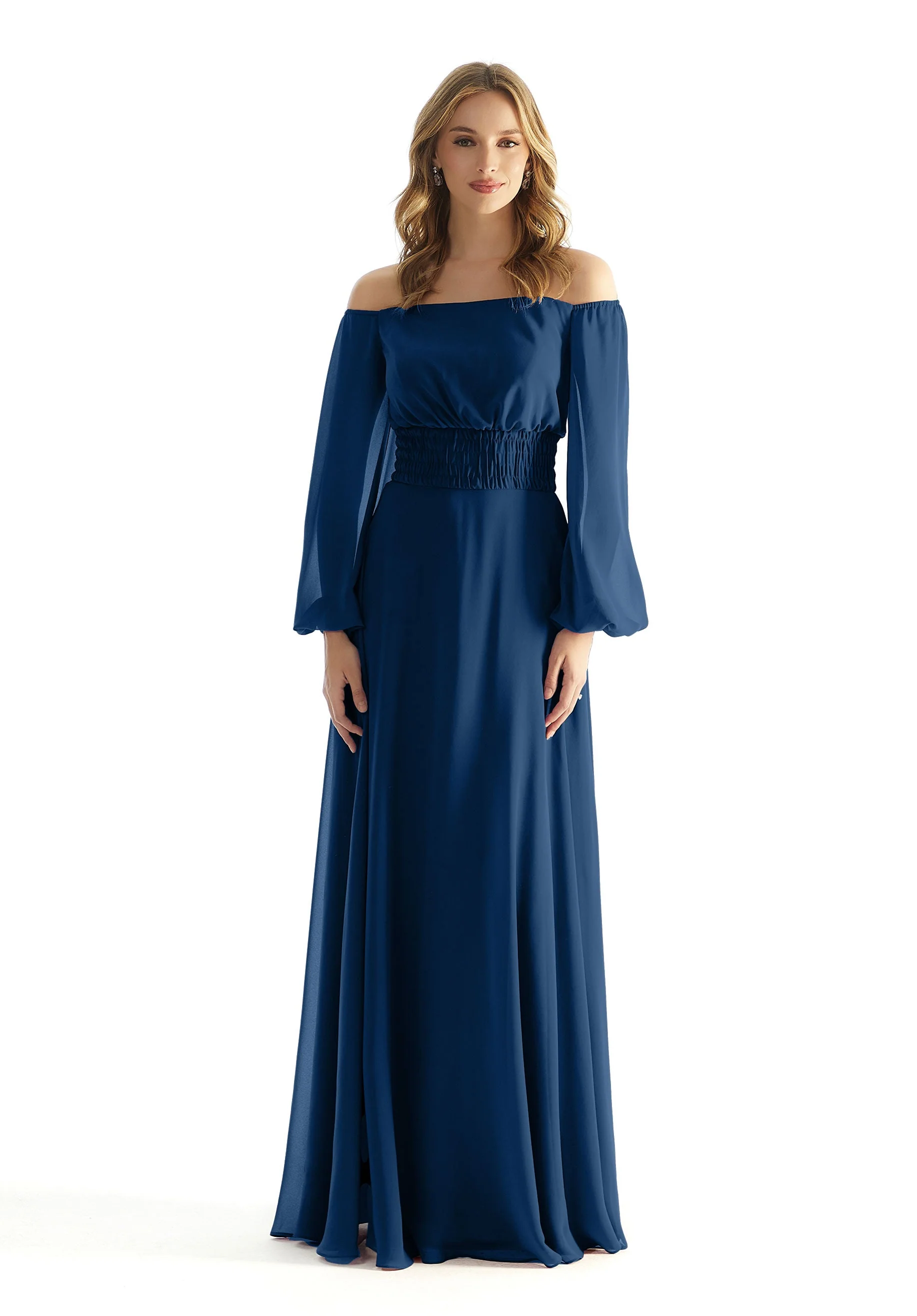 Off The Shoulder Chiffon Bridesmaid Dress with Ruched Waist - Image 46