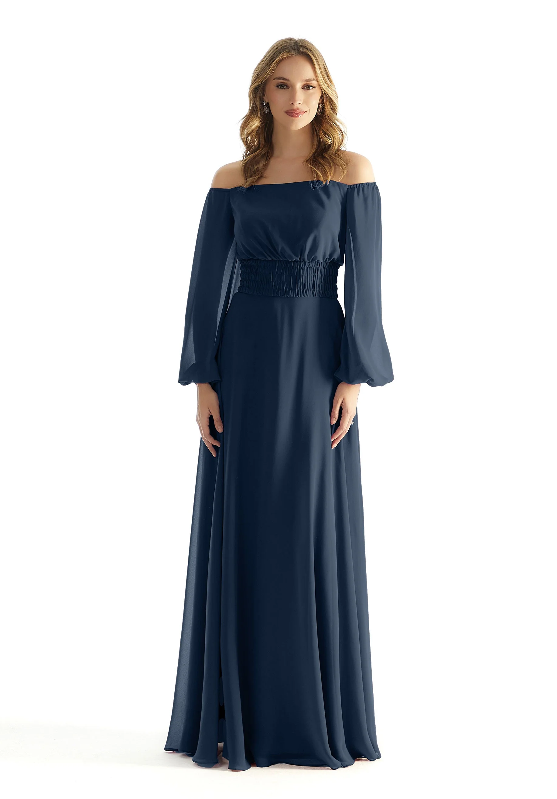 Off The Shoulder Chiffon Bridesmaid Dress with Ruched Waist - Image 47