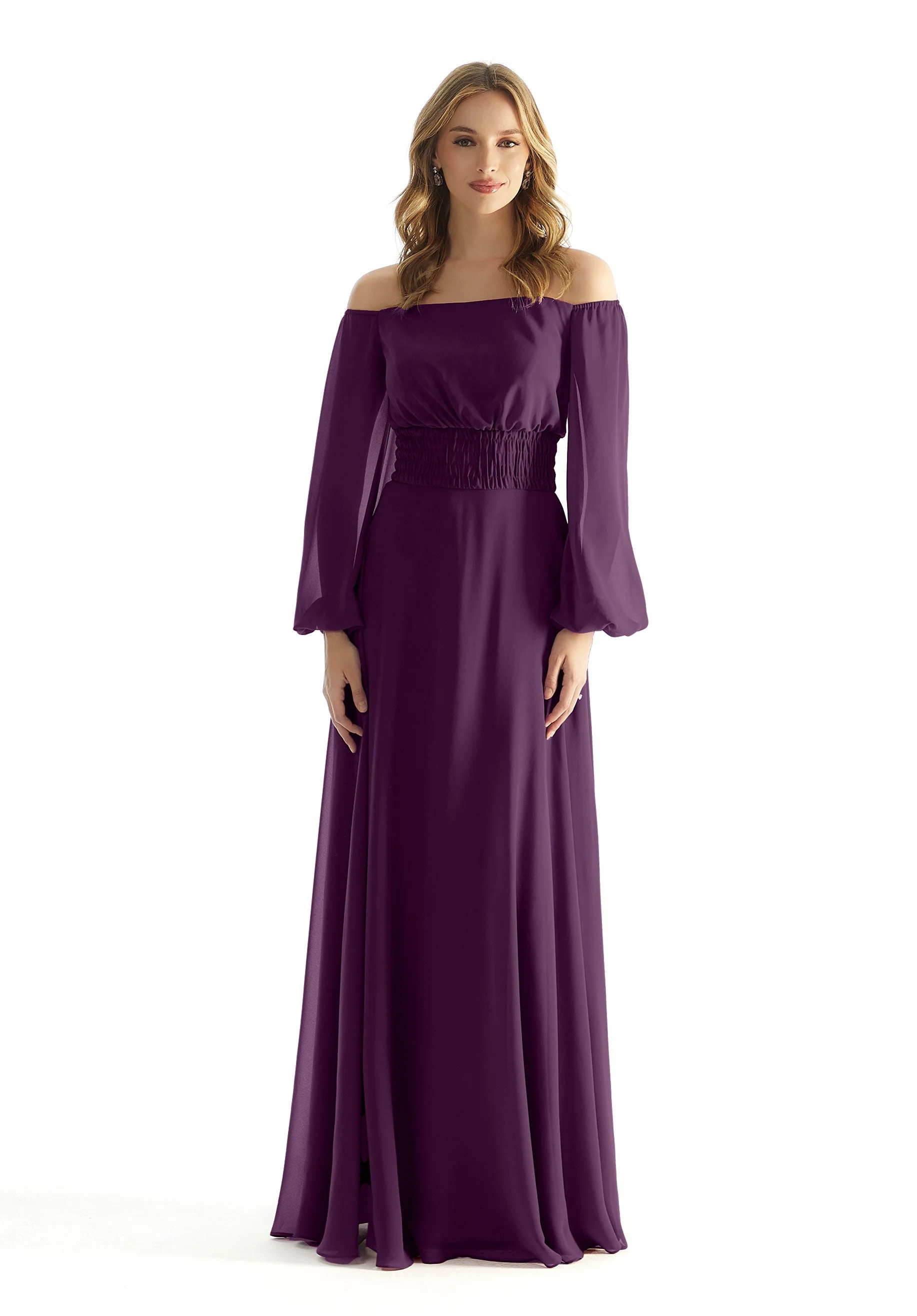 Off The Shoulder Chiffon Bridesmaid Dress with Ruched Waist - Image 48