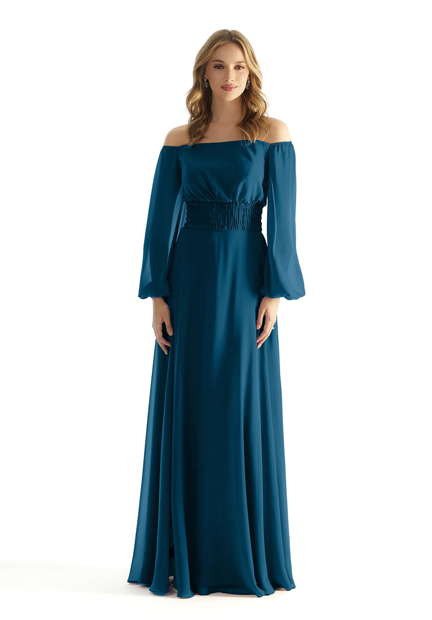 Off The Shoulder Chiffon Bridesmaid Dress with Ruched Waist - Image 49