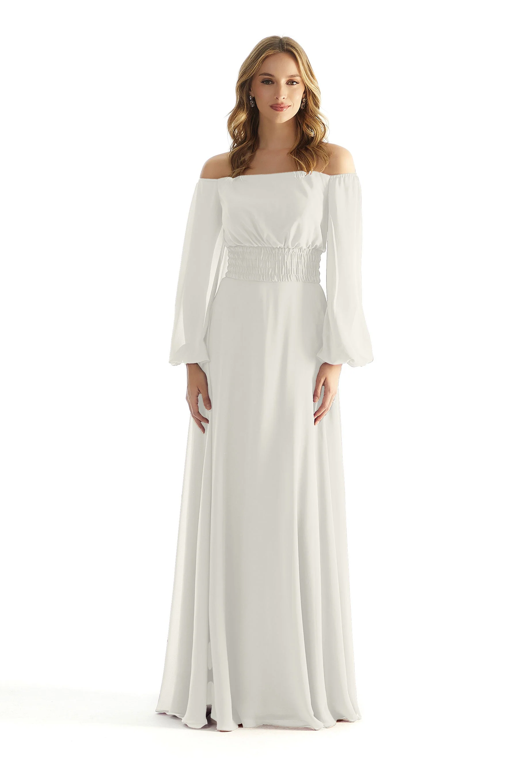 Off The Shoulder Chiffon Bridesmaid Dress with Ruched Waist - Image 5