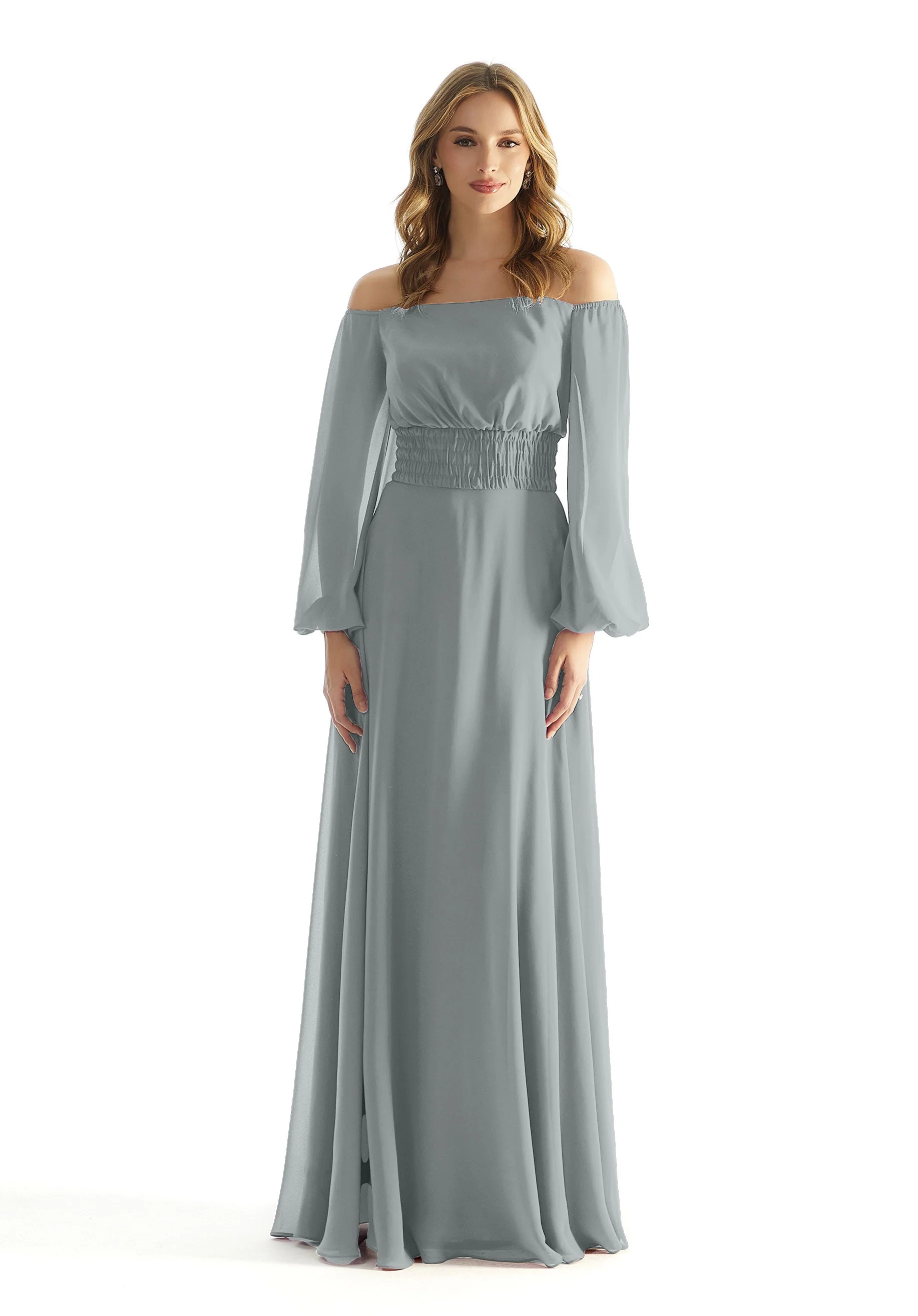 Off The Shoulder Chiffon Bridesmaid Dress with Ruched Waist - Image 53
