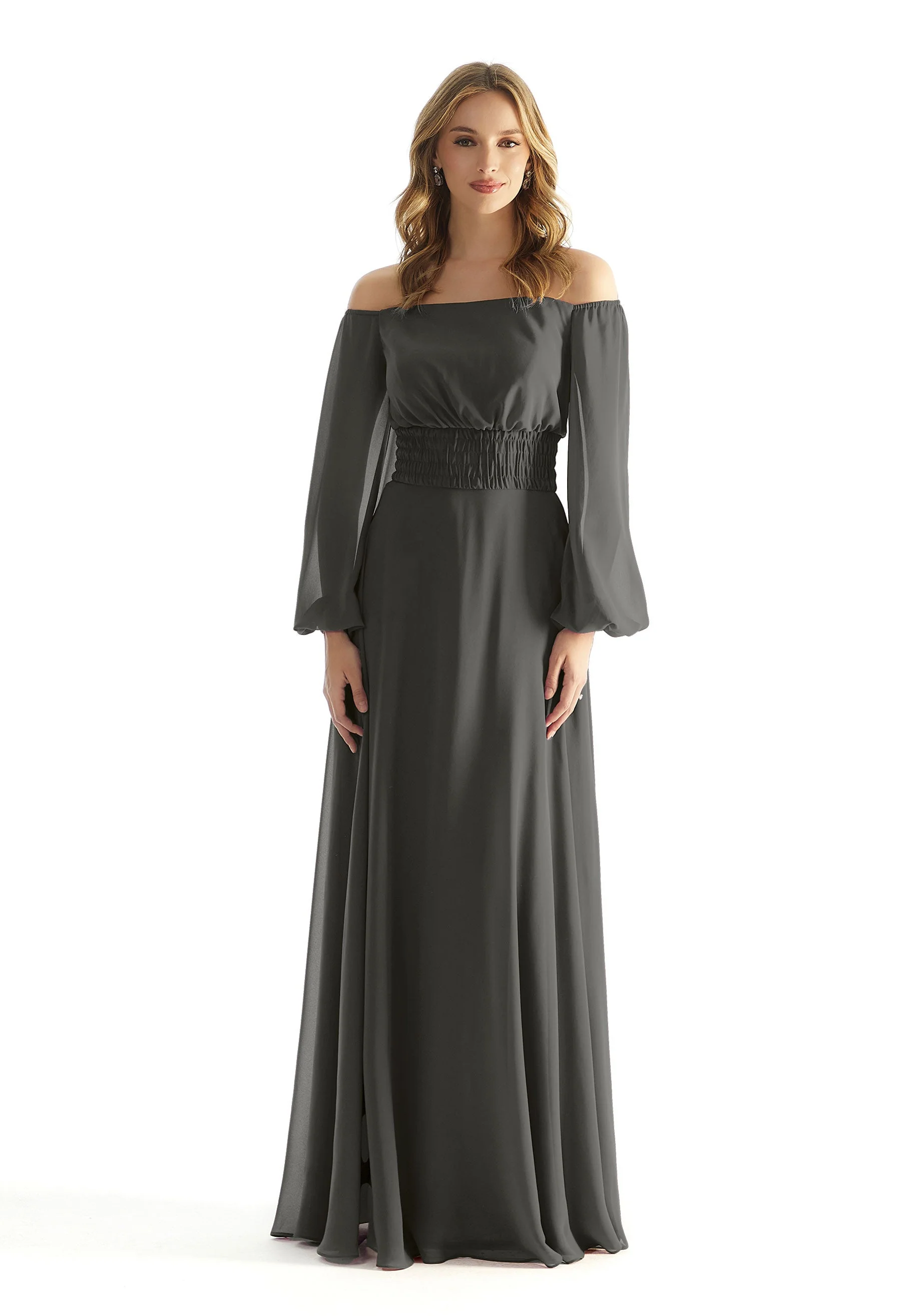 Off The Shoulder Chiffon Bridesmaid Dress with Ruched Waist - Image 54