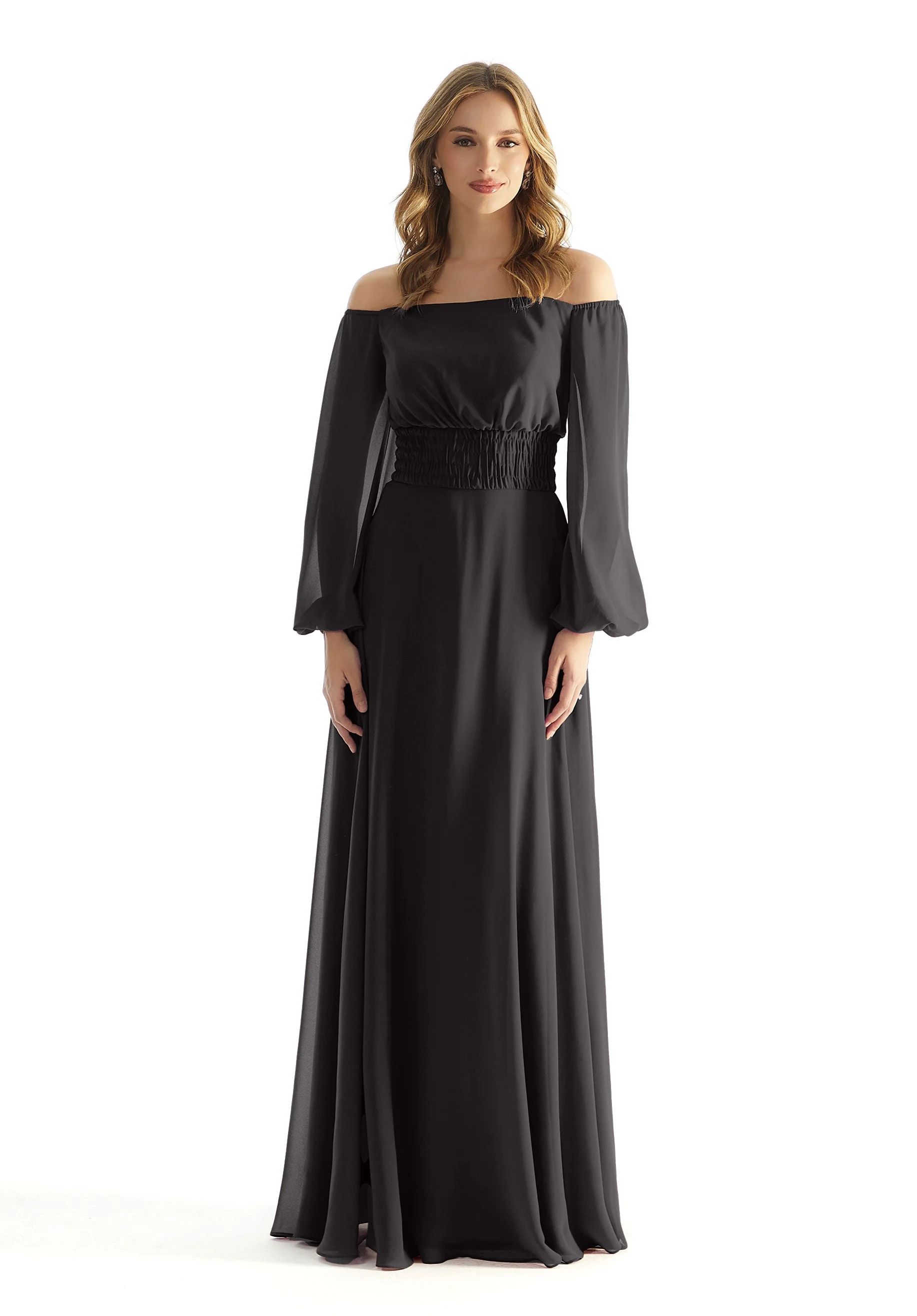 Off The Shoulder Chiffon Bridesmaid Dress with Ruched Waist - Image 55