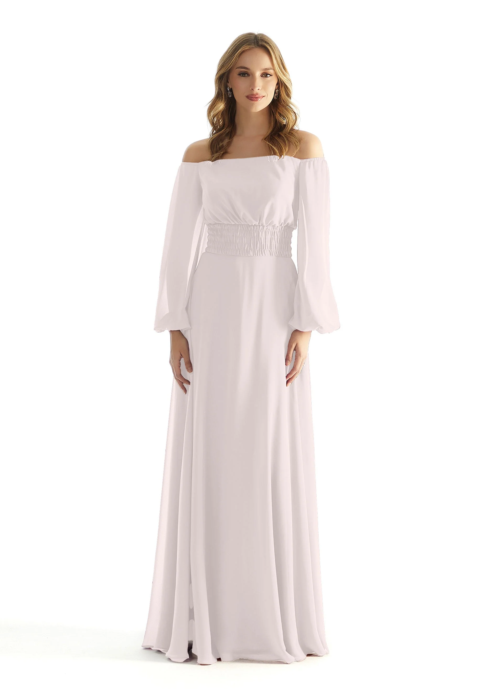 Off The Shoulder Chiffon Bridesmaid Dress with Ruched Waist - Image 6