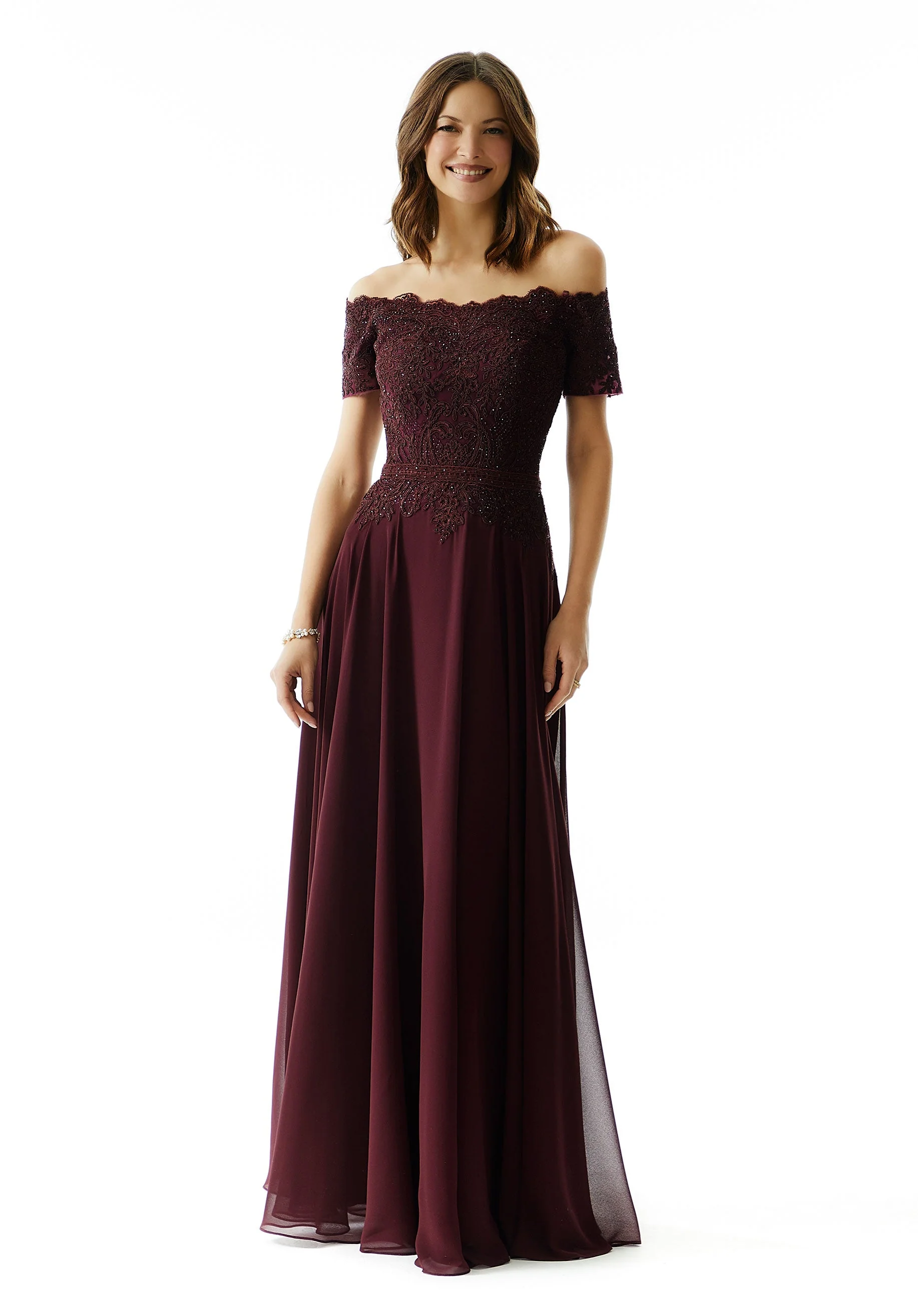 Beaded A-Line Evening Gown in Chiffon with Appliqués