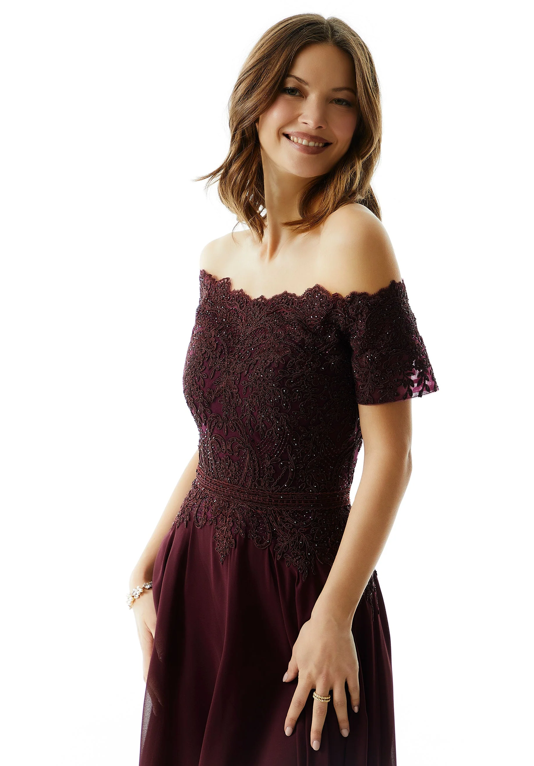 Beaded A-Line Evening Gown in Chiffon with Appliqués - Image 2